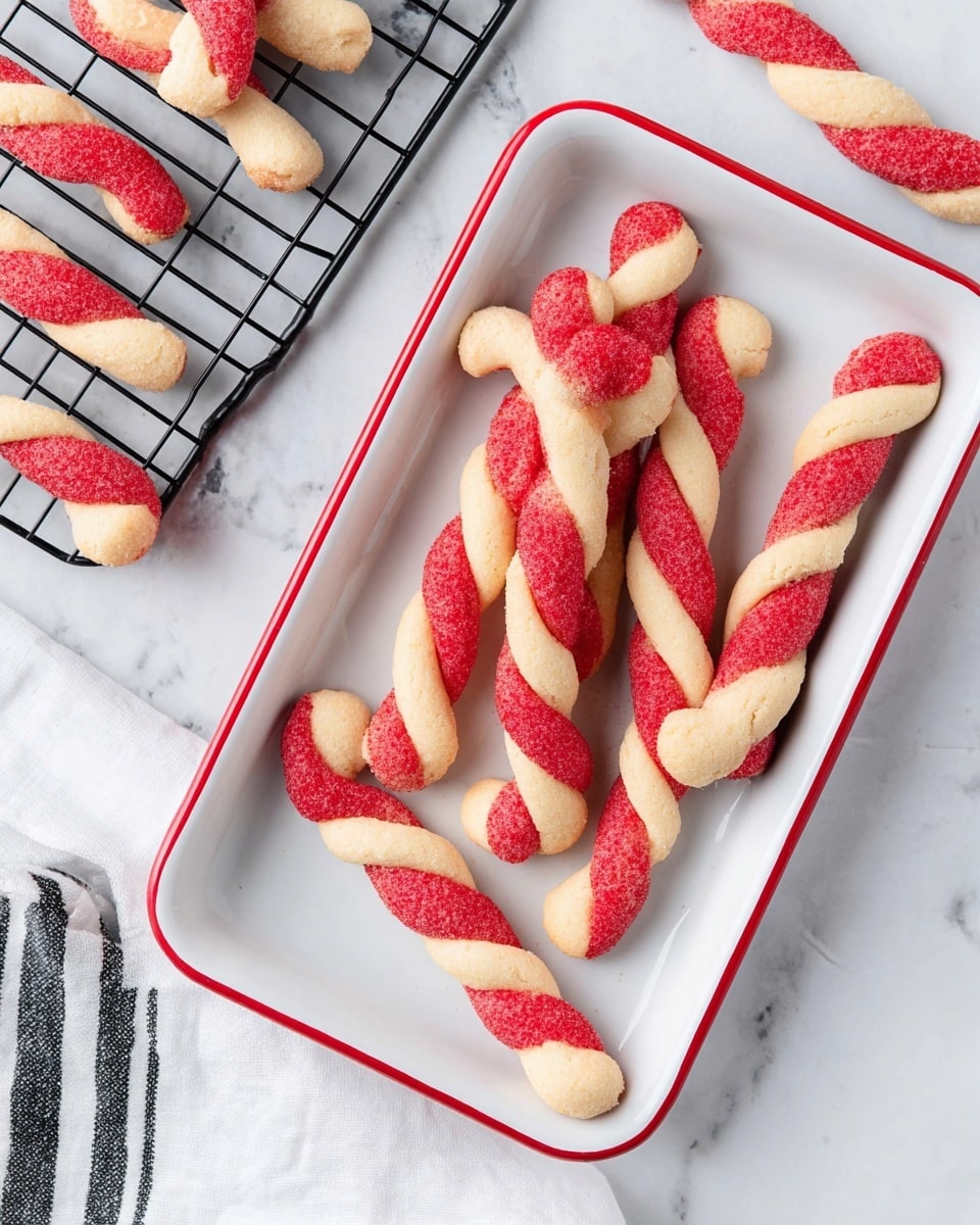 The image shows a white rectangular dish with a red rim filled with several twisted candy cane-shaped cookies. Each cookie has two twisted layers, one red and one light cream in color, giving a festive look. Around the dish are more cookies, some on a black cooling rack and one resting on the white marbled surface. The texture of the cookies appears soft and slightly crumbly, with a smooth finish on the red and cream dough strands. In the bottom left corner, part of a white cloth with black stripes is visible. The overall setting is bright and clean, with the white marbled texture background adding to the fresh, holiday atmosphere. photo taken with an iphone --ar 4:5 --v 7