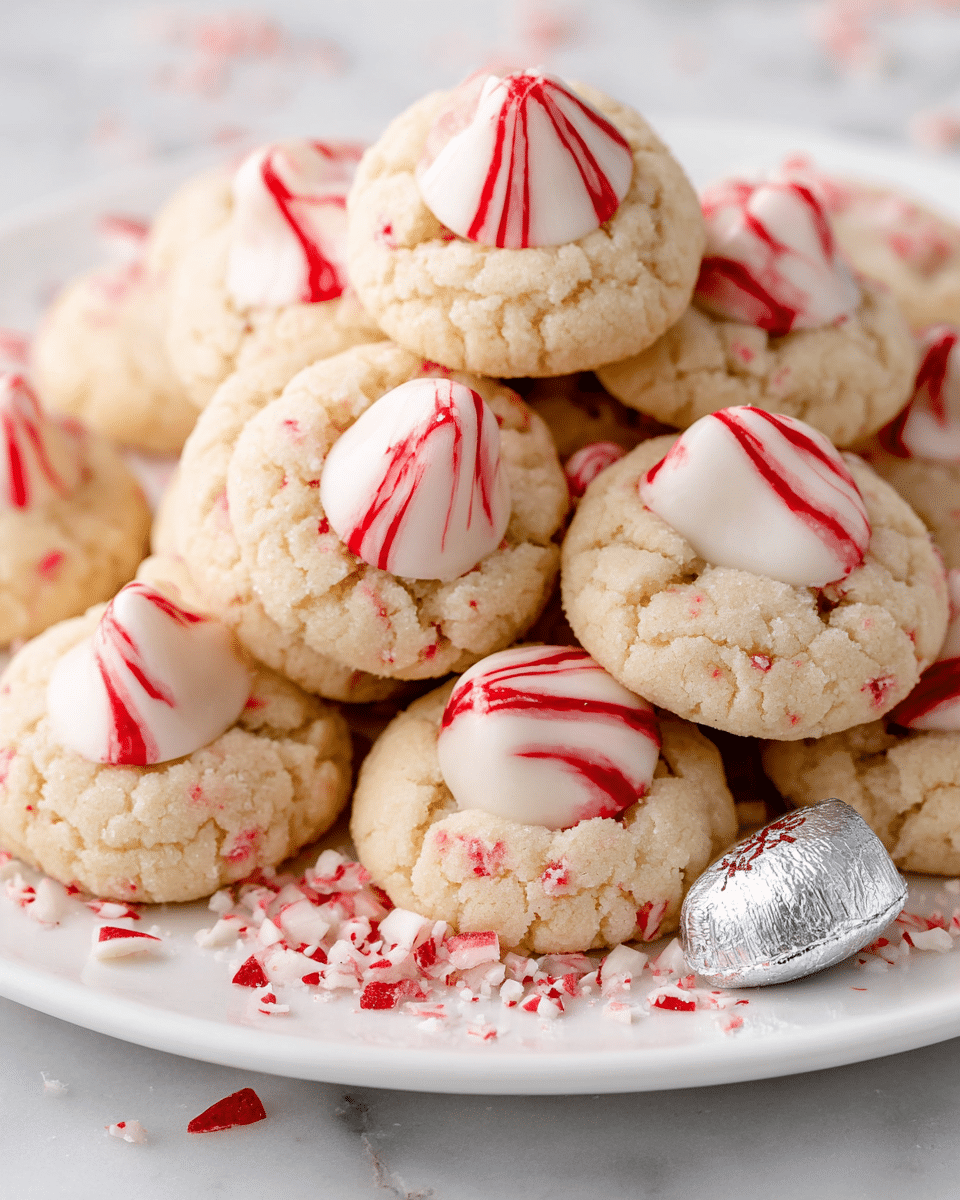 The image shows a pile of round cookies on a white plate, each with a soft, slightly cracked light beige base speckled with tiny bits of crushed peppermint. On top of each cookie is a single white chocolate kiss marked with red stripes, sitting in the center indented area of the cookie. Around the plate are broken peppermint pieces and one unwrapped silver and red foil kiss candy standing upright among the cookies. The whole setup rests on a white marbled surface. photo taken with an iphone --ar 4:5 --v 7