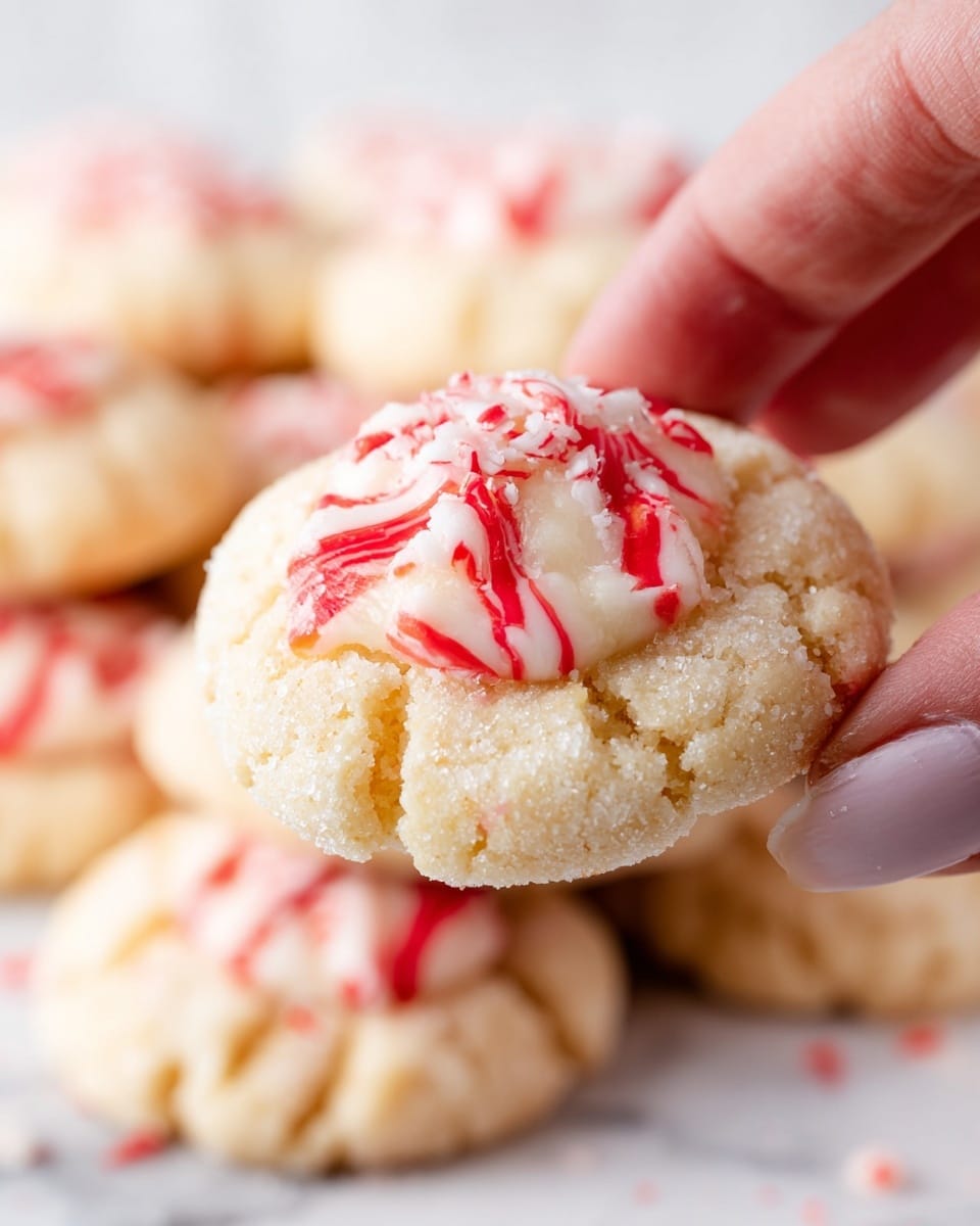 A close-up shows a soft, light beige cookie with a sugary sugar coating and a slightly crumbly texture, held by a woman's hand. The cookie has a bright red and white striped peppermint candy placed on top, partially melted over the surface, creating a creamy white layer with red streaks. In the blurred background, more identical cookies with the same candy topper are stacked against a white marbled texture. Photo taken with an iphone --ar 4:5 --v 7