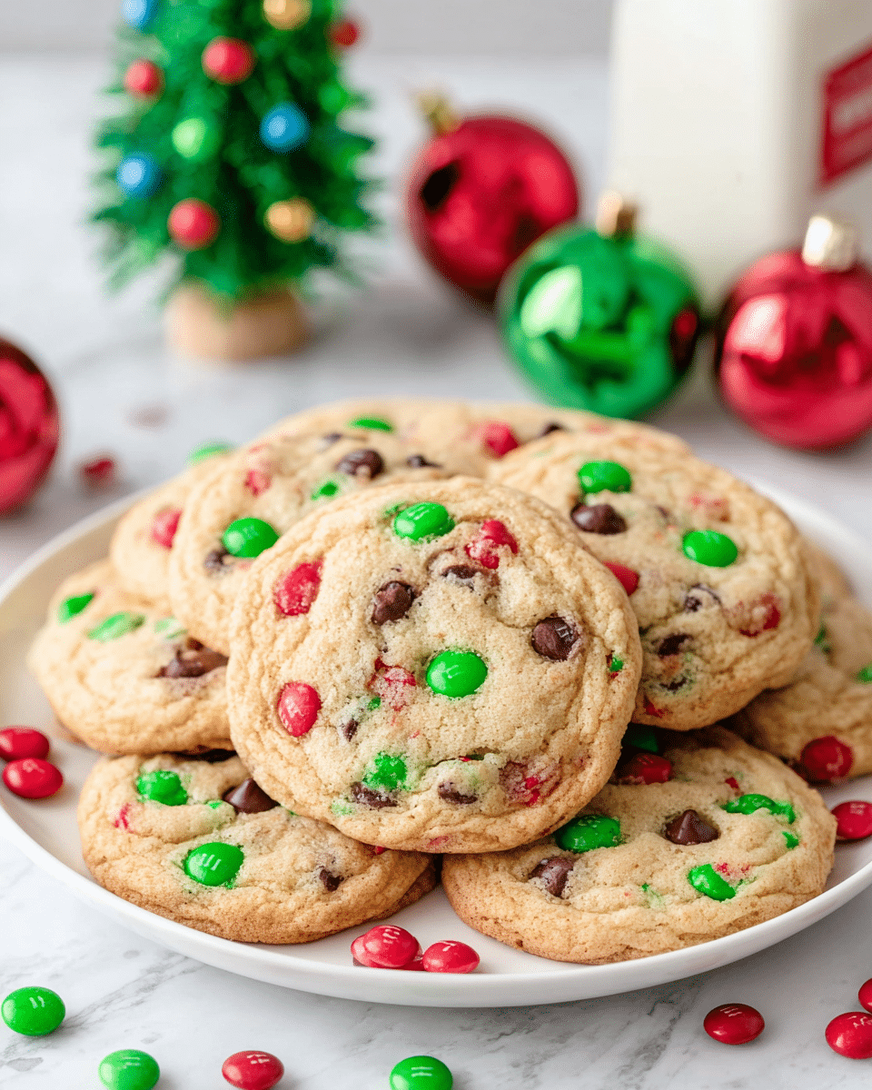 A white plate filled with a stack of round cookies, each cookie approximately one layer thick, showing a light golden-brown surface dotted with red and green candy-coated chocolates and scattered chocolate chips, creating a festive look. The cookies have a slightly cracked texture with the candies embedded on top. Around the plate, there are loose red and green candies scattered, adding to the holiday feel. In the background, a small green Christmas tree made of stick-shaped decorations with colorful round balls and two shiny Christmas ornaments, one red and one green, sit on a white marbled texture surface. To the right, a white bottle with a red label is partially visible. photo taken with an iphone --ar 4:5 --v 7
