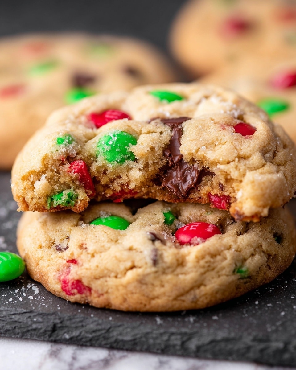 A close-up of two stacked thick, soft cookies on a dark slate surface with a white marbled texture in the background, the top cookie has a bite taken from it showing a light brown chewy inside with melted chocolate chunks and small colorful candy pieces in red and green scattered throughout the cookie dough, the bottom cookie is similar with a few candy pieces visible in bright red and green, the cookies look fresh and slightly crumbly on the edges. photo taken with an iphone --ar 4:5 --v 7