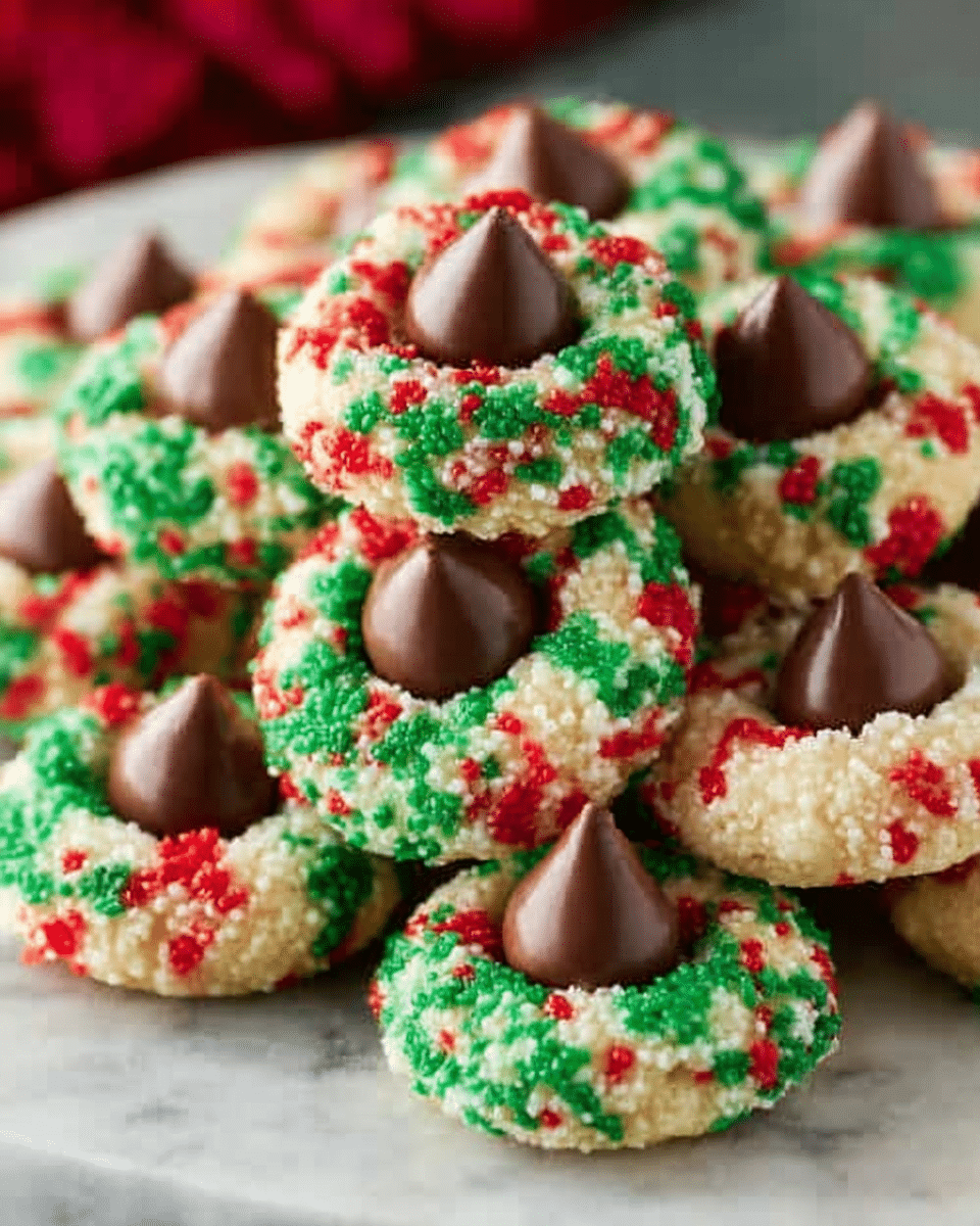 The image shows a pile of small ring-shaped cookies on a white marbled surface, each cookie covered in colorful sprinkles. The cookies have a base layer of pale, creamy dough with an even coating of red, green, and white sprinkles, creating a festive look. Positioned on top of each cookie in the center is a smooth, shiny milk chocolate drop, which is conical and adds rich brown contrast to the bright sprinkles. The cookies are stacked casually, some leaning against others, showing their rounded edges and textured sprinkle coating. Photo taken with an iphone --ar 4:5 --v 7
