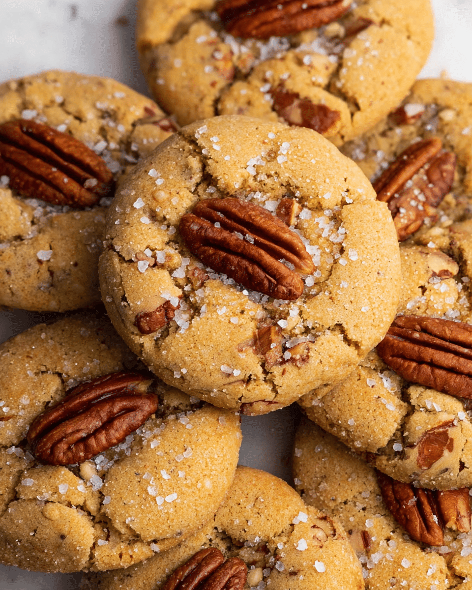 A close-up image of a pile of round cookies with a golden brown color and slightly cracked texture. Each cookie has a large pecan half pressed into the center and small chopped nuts mixed throughout the dough. The surface of the cookies is sprinkled with coarse sugar crystals, adding a sparkling effect. The cookies are stacked unevenly on a white marbled surface, showing a cozy, homemade look. photo taken with an iphone --ar 4:5 --v 7