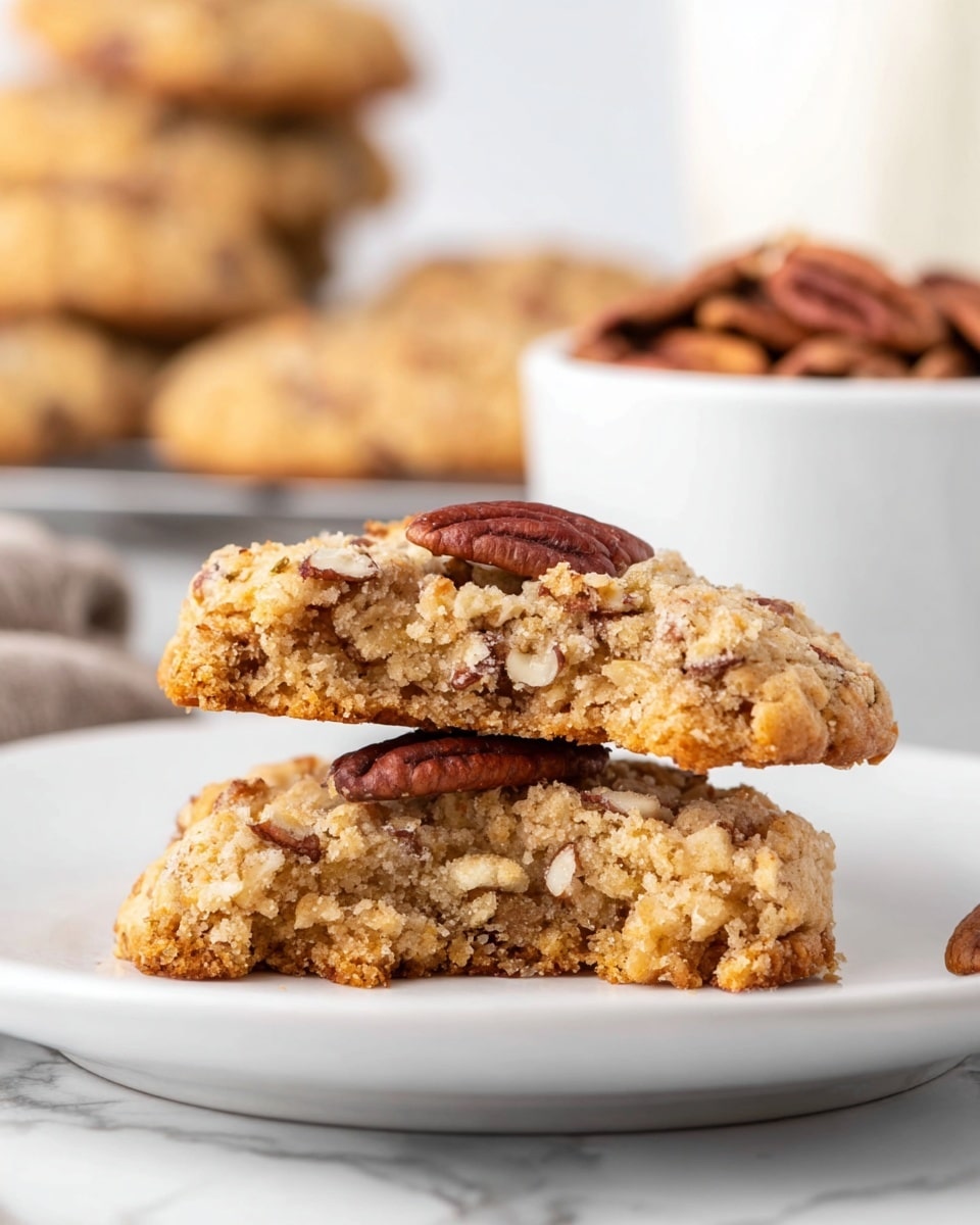 A close-up of a nut cookie split in half, stacked with the bottom half flat on a white plate and the top half resting slightly tilted. The cookie has a golden-brown crust with visible chunks of chopped nuts inside, and a whole pecan placed on top. The texture inside looks soft and moist with more nuts embedded throughout. In the background, there is a white bowl filled with pecans and blurred cookies stacked together on a white marbled surface. The lighting is bright, highlighting the cookie's crumbly texture. Photo taken with an iphone --ar 4:5 --v 7