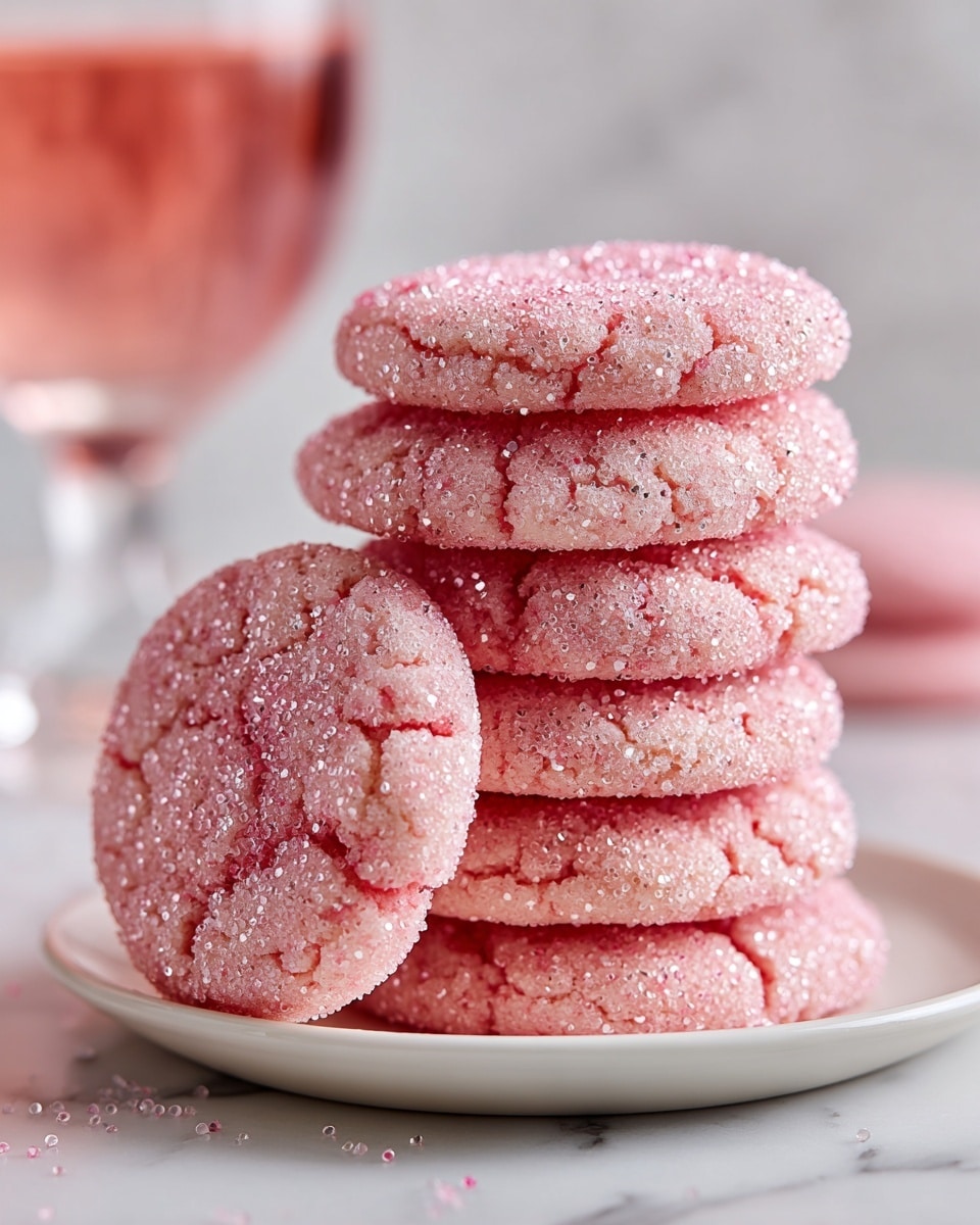 A close-up view of a stack of seven round cookies, each covered with sparkling pink sugar crystals giving a shiny texture. The cookies are light pink with slightly rough, cracked surfaces, and the top cookie is held upright in front of the stack, showing its full circular shape. The cookies rest on a white plate placed on a white marbled surface, and part of a glass with pink liquid is visible in the background. photo taken with an iphone --ar 4:5 --v 7