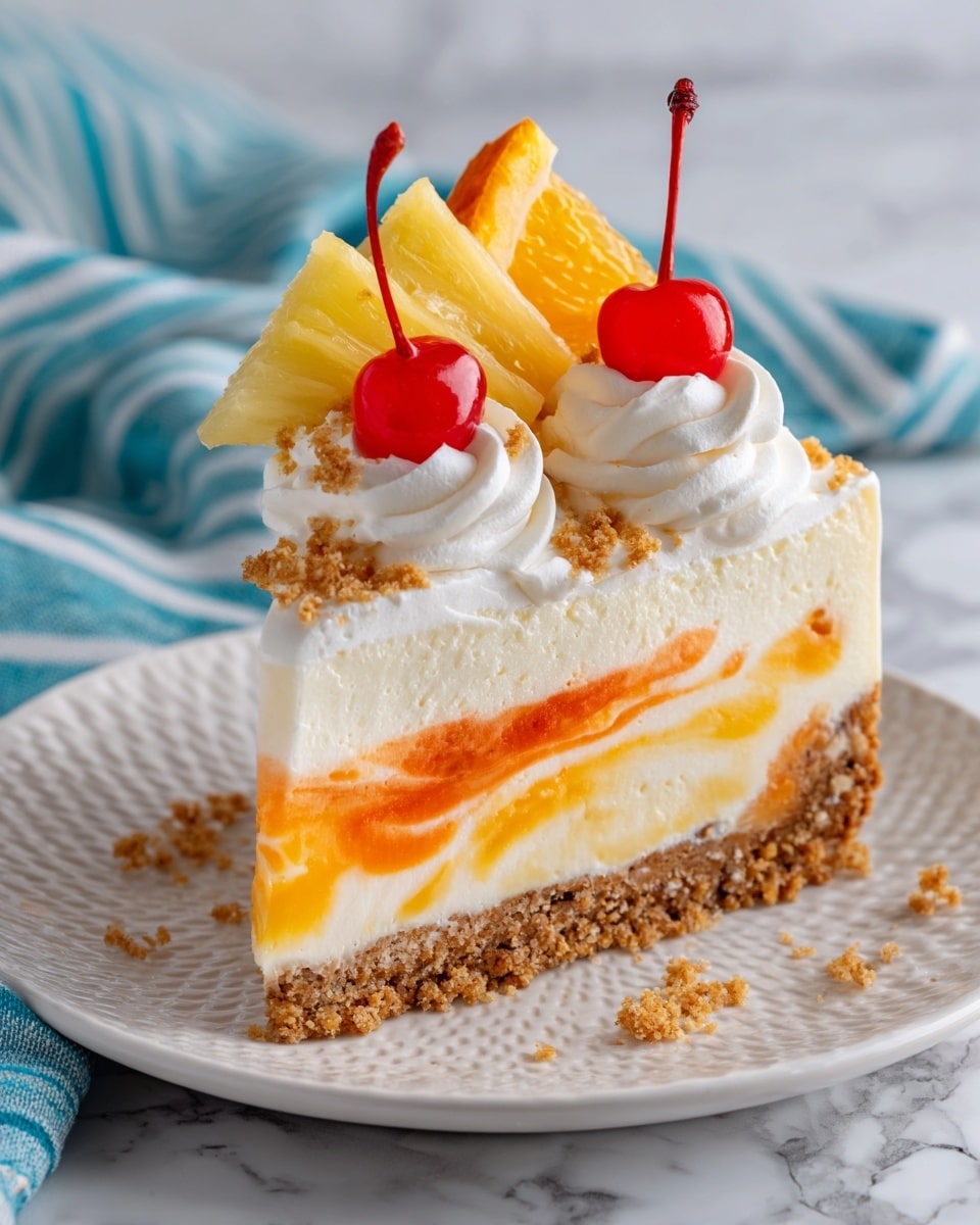 A slice of cheesecake sits on a white plate with a textured edge, placed on a white marbled surface with a blue striped cloth nearby. The cheesecake has four distinct layers: a light brown crumbly crust at the bottom, a creamy white thick cheesecake layer above it, a thin orange swirl layer in the middle, and a smooth cream-colored top with orange swirls. The cake is topped with white whipped cream piped in small peaks, sprinkled with light brown crumbs. Garnishing the whipped cream are two small pieces of yellow pineapple, a bright red cherry with a stem, and two orange slices slightly folded behind the cherry. Photo taken with an iphone --ar 4:5 --v 7