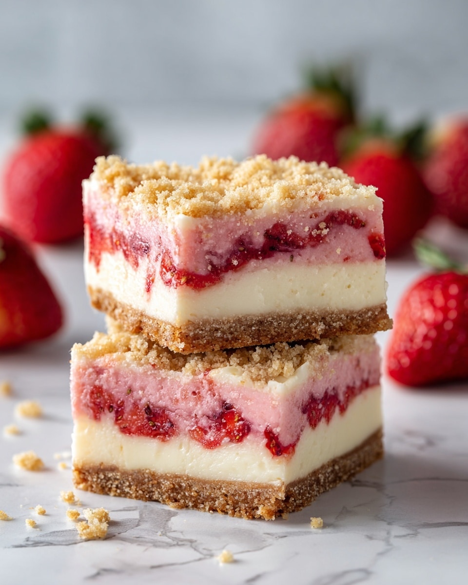 The image shows two square strawberry cheesecake bars stacked on top of each other on a white marbled surface. Each bar has three layers: a thick light brown crumbly base layer at the bottom, a smooth creamy white cheesecake middle layer, and a pinkish-red strawberry layer on top that looks creamy with small bits of strawberry mixed in. The bars are finished with a crumbly light brown topping scattered over the pink strawberry layer. In the background, out of focus, there are fresh whole strawberries with green leafy tops. photo taken with an iphone --ar 4:5 --v 7