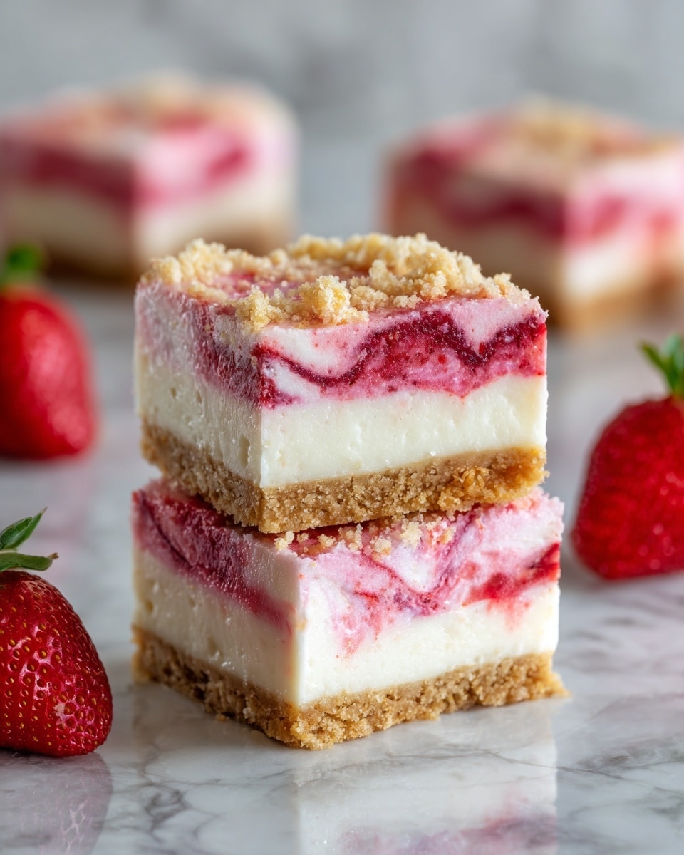 The image shows two square pieces of dessert stacked on top of each other with four clear visible layers. The bottom layer is a light golden crumbly crust, followed by a thick creamy white layer. Above this is a pink and white swirled, soft and fluffy middle layer with small bits of red visible scattered in it. The top layer also has a smooth white creamy part mixed with pink bits, covered by a golden crumbly topping. In the background, more pieces with the same layers and a whole strawberry are slightly out of focus. The dessert is placed on a shiny, reflective surface with a white marbled texture. Photo taken with an iphone --ar 4:5 --v 7