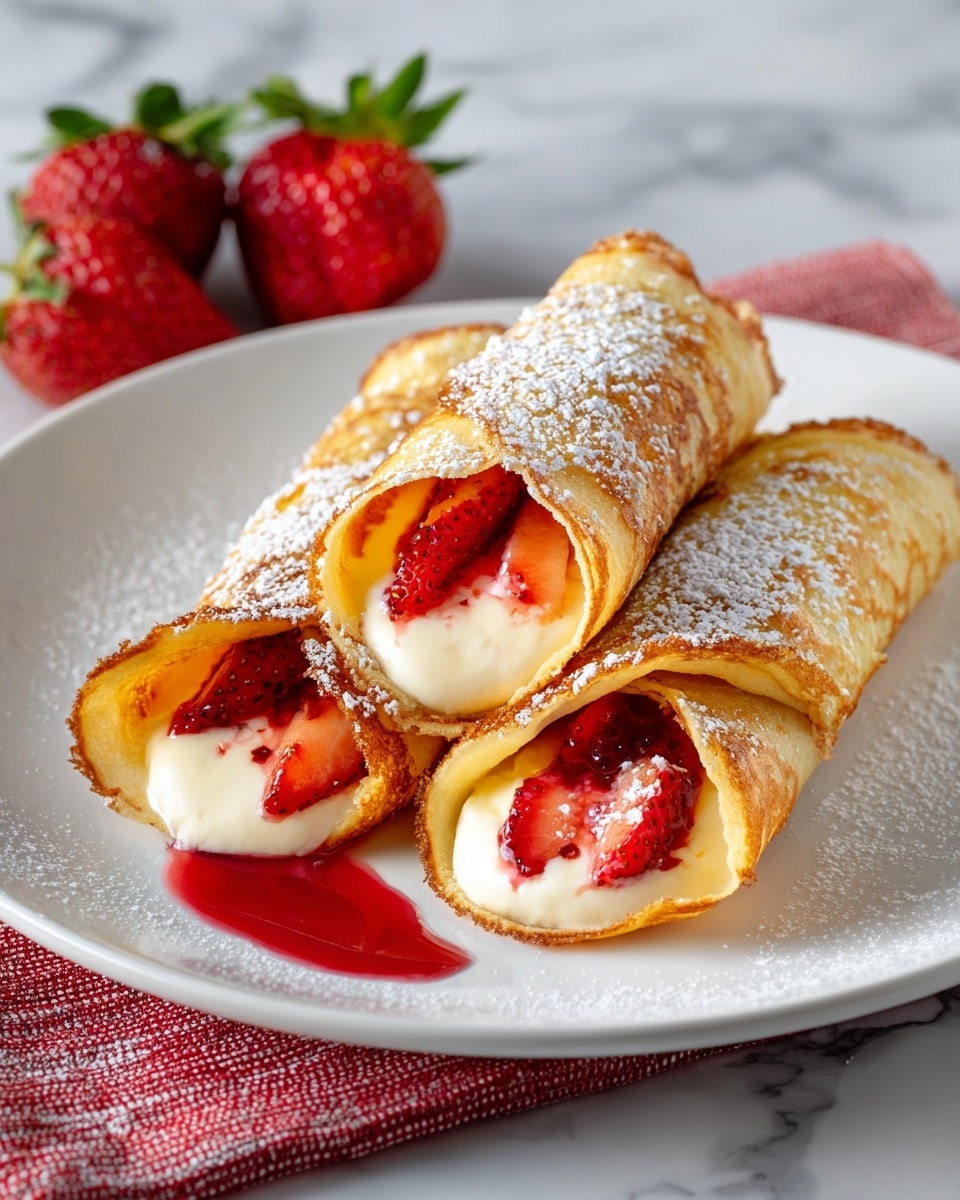 The image shows three rolled crepes on a white plate, each with a golden-brown, thin, and slightly crispy outer layer dusted with powdered sugar. Two crepes are cut open to reveal their fillings, which have three visible layers: the innermost layer has bright red strawberry jam with pieces of fresh strawberry, the middle layer consists of creamy white cheese that looks smooth, and the outer crepe layer wraps around both fillings. A red syrup pools slightly on the plate near the crepes. In the background, there are fresh whole strawberries. The plate is placed on a white marbled surface with a red and white cloth partially visible underneath. Photo taken with an iphone --ar 4:5 --v 7