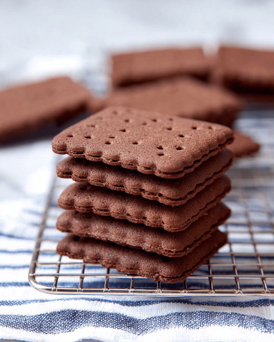 A stack of six square chocolate biscuits with scalloped edges is neatly piled on a metal cooling rack, which rests on a white and blue striped cloth on a white marbled surface. Each biscuit has a rich dark brown color with an evenly baked texture and small holes in a patterned arrangement across the surface. In the background, more chocolate biscuits lie flat on the rack, slightly blurred for depth. photo taken with an iphone --ar 4:5 --v 7