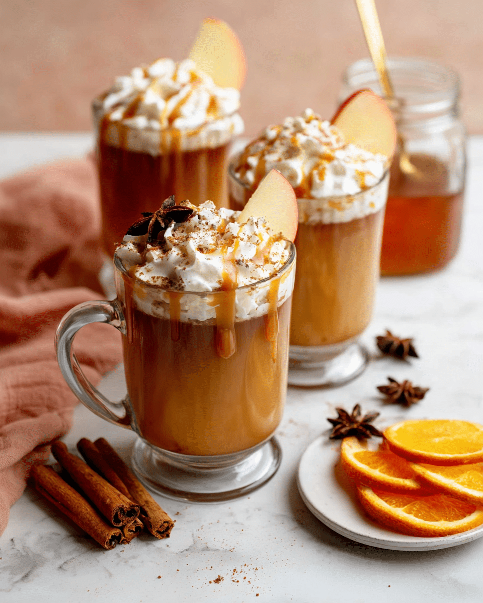 Three clear glass mugs filled with a warm light brown drink, each topped with a thick layer of white whipped cream. The whipped cream is drizzled with caramel sauce and sprinkled with a dusting of brown spice. One mug in the front has two small light brown apple slices and a dark brown star anise on top of the whipped cream. Nearby, a small white plate holds several brown cinnamon sticks and star anise pieces. To the right, two orange slices with dark brown star anise rest on the white marbled surface. In the background, a glass jar with a golden spoon and a soft peach cloth are visible. Photo taken with an iphone --ar 4:5 --v 7