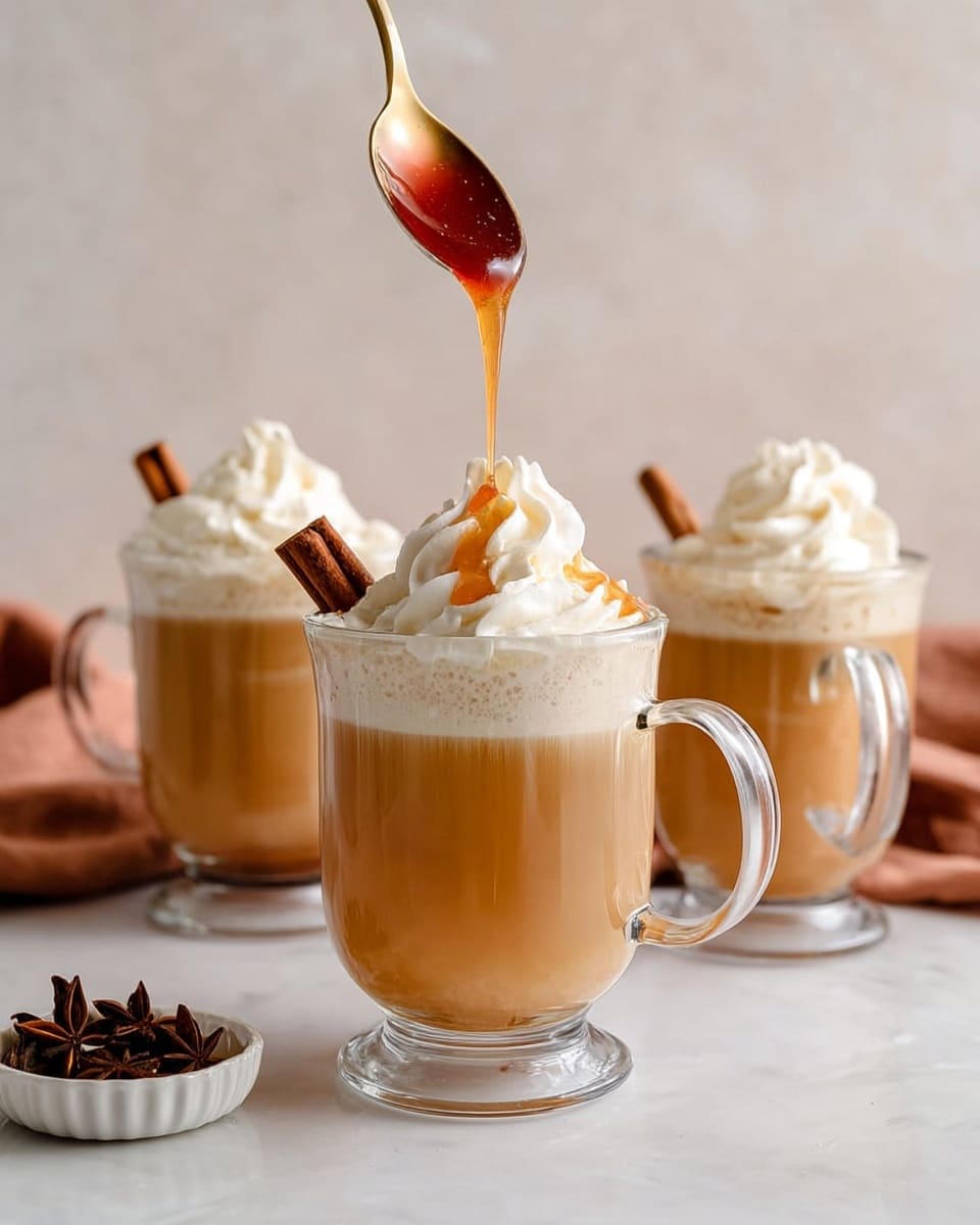 The image shows three clear glass mugs filled with a light brown drink topped with a creamy white whipped layer. Each mug has a swirl of whipped cream on top, with one mug in the front garnished with a small cinnamon stick and a light brown dollop of syrup being poured from a golden spoon held by a woman's hand above it. The drink has a frothy layer just below the whipped cream, and the mugs are placed on a white marbled surface with a soft brown cloth blurred in the background. A small white dish with cinnamon sticks and star-shaped spices sits near the bottom left corner. photo taken with an iphone --ar 4:5 --v 7