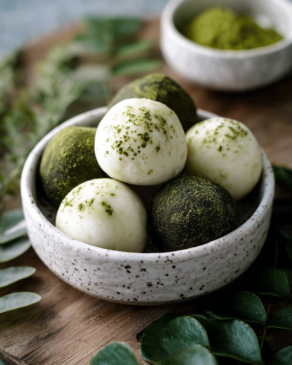 A white speckled bowl filled with six round treats, three of them white with a smooth texture and sprinkled lightly with green powder, and three dark green ones with a rougher texture. The white treats are placed mostly on top, while the green ones sit more underneath. The bowl rests on a wooden surface with green leaves around and another small white bowl in the background filled with green powder. The scene has a natural, fresh look with soft light. photo taken with an iphone --ar 4:5 --v 7
