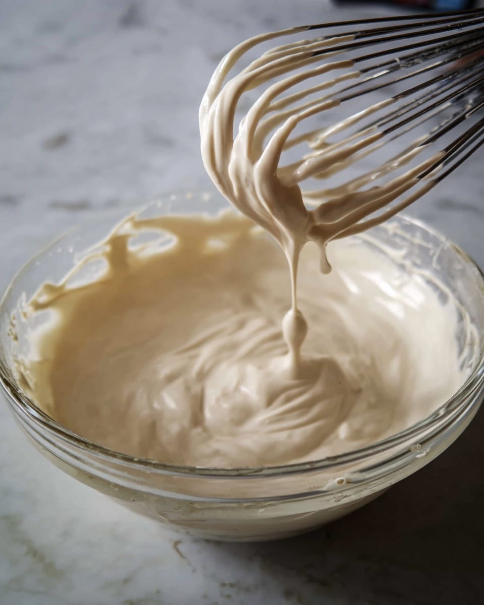 A close-up image showing a clear glass bowl filled with whipped, creamy light beige batter or foam with a smooth, soft texture. A metal whisk is held above the bowl, with thick cream clinging to and dripping from its wires in soft peaks. The background surface is a white marbled texture, and the overall look gives a fresh, homemade feel to the mixture being prepared for baking or cooking. photo taken with an iphone --ar 4:5 --v 7