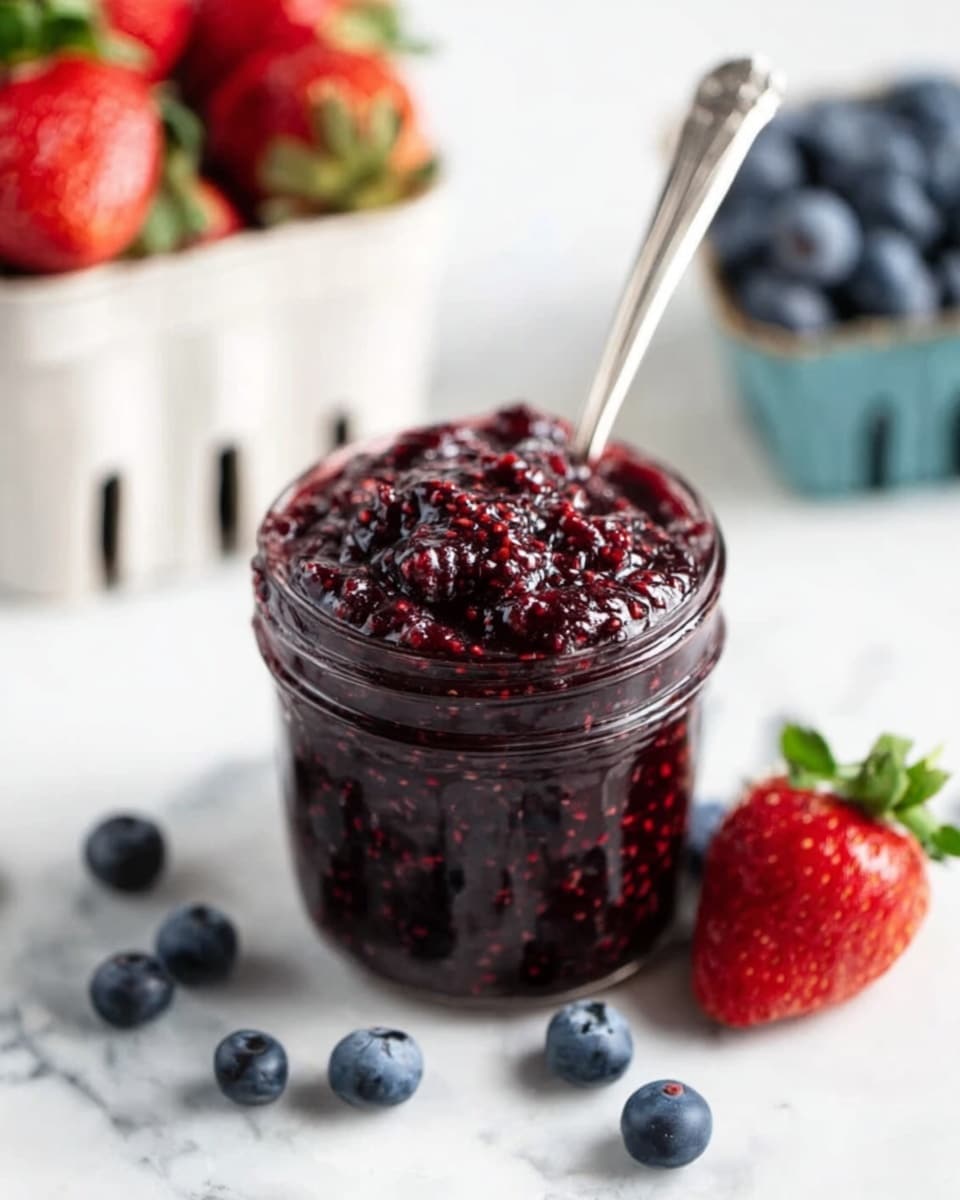 A top view of a small glass jar filled with dark red chunky jam with a black spoon inside, placed at the center of a white marbled surface. Around the jar, there are scattered fresh blueberries and bright red strawberries with green leaves. At the top left corner, a white bowl filled with fresh strawberries and blueberries is partly visible. At the bottom left, there is a white bowl with smooth, white yogurt and next to it, a gray spoon rests on the surface. The background is a white marbled texture with an orange color effect. photo taken with an iphone --ar 4:5 --v 7
