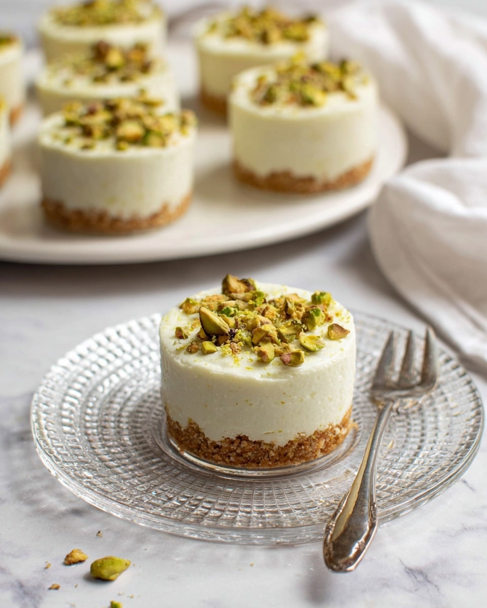 The image shows a small round dessert with two clear layers on a clear textured glass plate, placed on a white marbled surface. The bottom layer is a crumbly light brown base, and the top layer is thick, creamy, and white. The dessert is topped with chopped green pistachio nuts scattered over the top. In the background, there is a white plate with several more of the same desserts arranged in a circular pattern. A silver fork lies on the clear plate beside the dessert, and a white cloth is softly folded nearby. The photo taken with an iphone --ar 4:5 --v 7