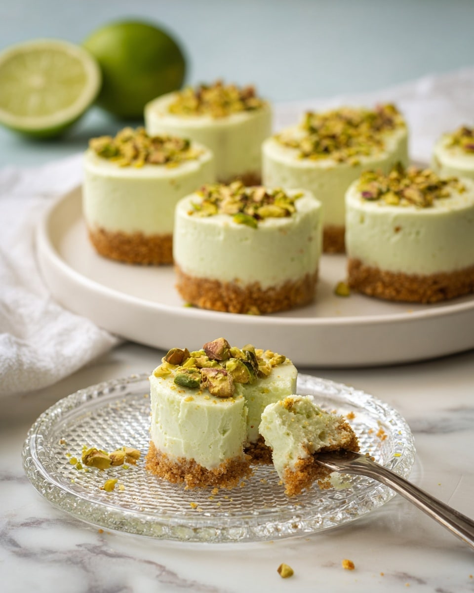 The image shows six small round cheesecakes, each with two layers: a thick, light green creamy layer on top and a golden brown crumbly crust at the bottom. The cheesecakes are topped with chopped green pistachio nuts scattered unevenly. One cheesecake is placed on a clear textured glass plate in the front with a silver fork holding a small bite of cheesecake next to it. The other five cheesecakes rest together on a large white plate in the background, with two lime halves blurred behind them. All items are set on a white marbled surface with a bit of a white cloth napkin on the left side. Photo taken with an iphone --ar 4:5 --v 7