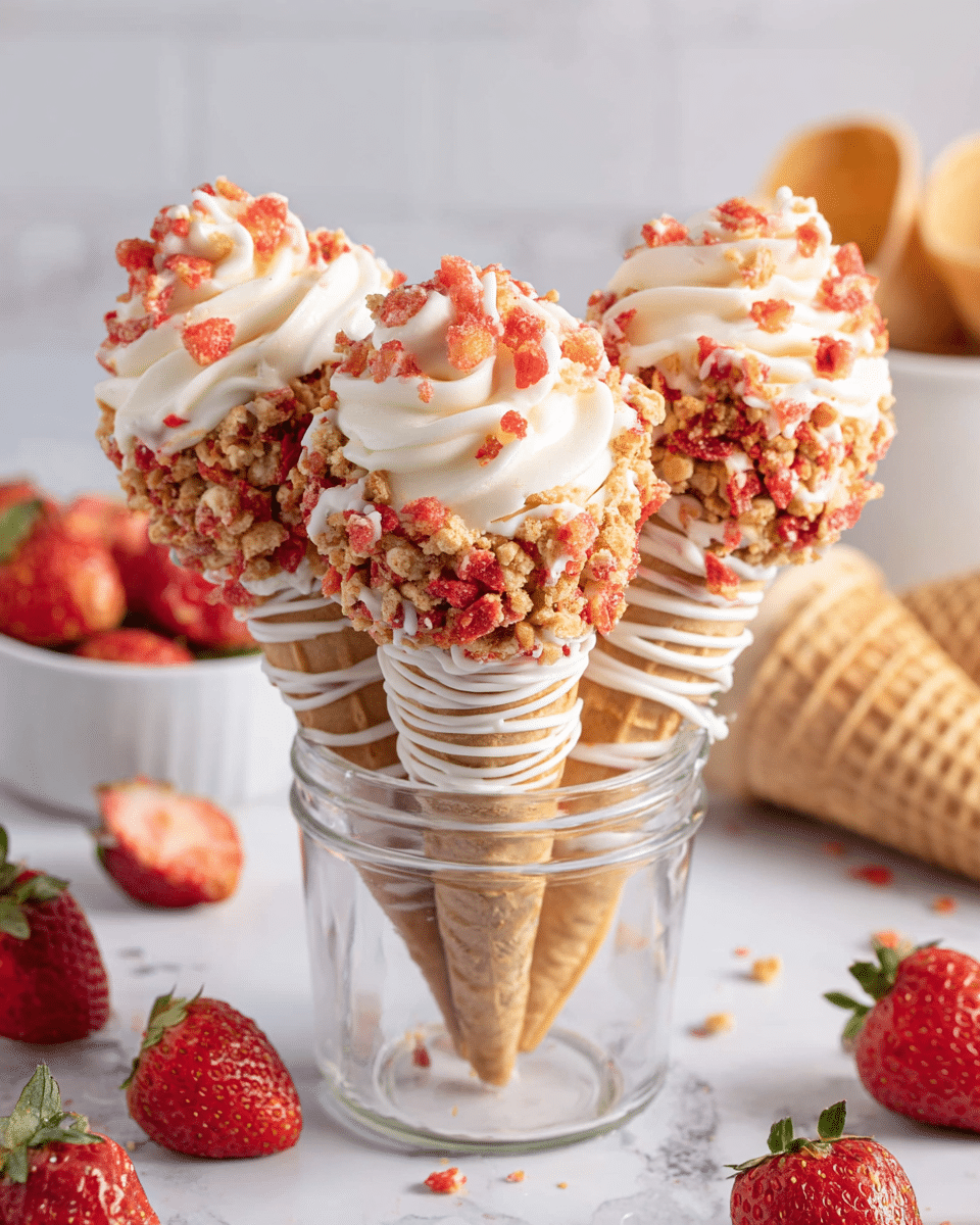 Three ice cream cones stand in a clear glass jar filled with crumbled strawberry and nut topping. Each cone is wrapped with white drizzle and coated around the top edge with more crumbled topping that looks crunchy and red spotted. Inside the cones is a swirl of white creamy frosting topped with small red strawberry pieces. The cones have a light brown waffle texture. The setting shows fresh strawberries scattered on a white marbled surface with a white bowl of strawberries and a waffle cone in the blurred background. Photo taken with an iphone --ar 4:5 --v 7