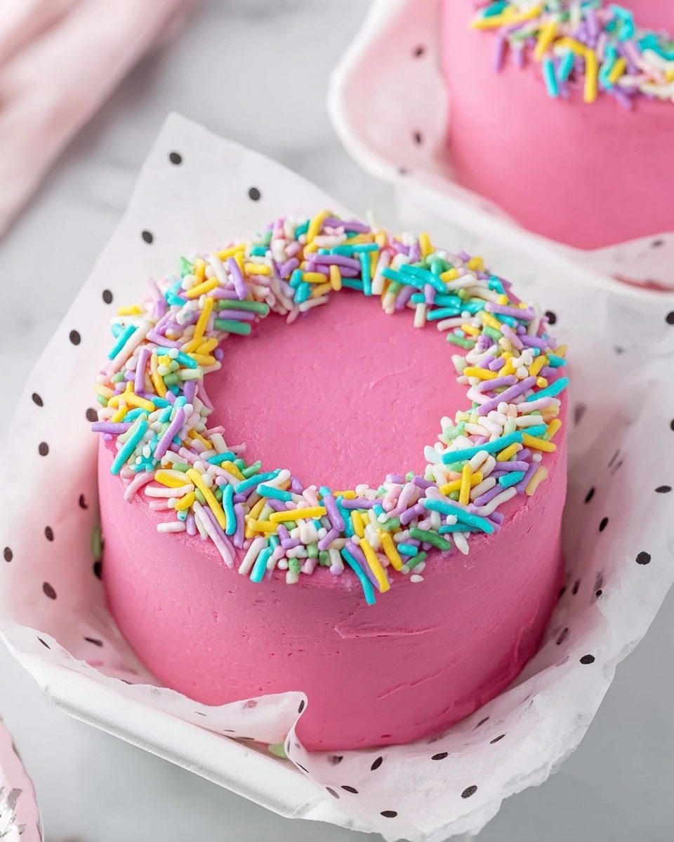 A small round cake covered smoothly with bright pink frosting, topped with a ring of colorful, elongated sprinkles in light blue, yellow, white, green, and purple around the edge, leaving the center of the top plain pink. The cake sits on white parchment paper with black polka dots, which is placed inside a white container resting on a white marbled surface. Another similarly decorated cake is partially visible in the background. photo taken with an iphone --ar 4:5 --v 7