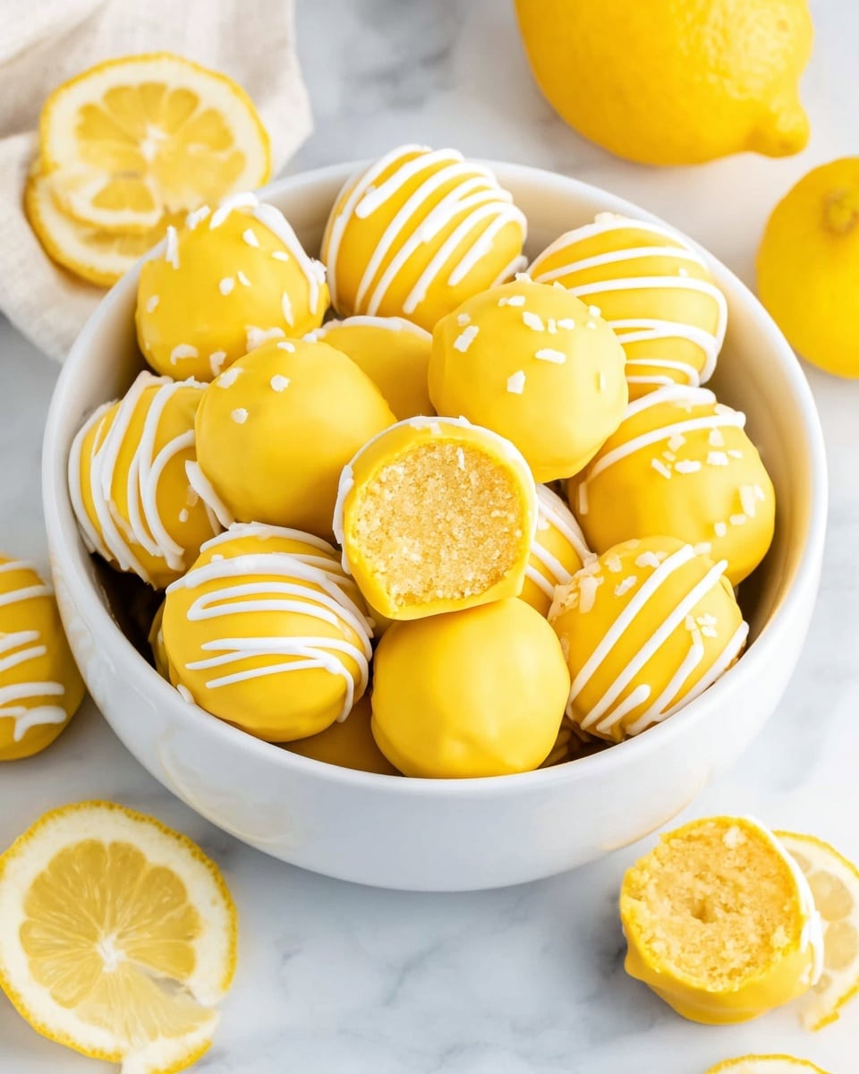 A white bowl filled with bright yellow round treats, each covered with an even layer of smooth yellow coating and decorated on top with thin, uneven white drizzle lines. Some of the treats are placed outside the bowl on a white marbled surface, alongside fresh lemon pieces and whole lemons, adding vibrant yellow accents. One treat in the bowl is cut in half, showing a dense, moist, light yellow inside texture. The overall scene is clean and bright with a fresh summer feel. photo taken with an iphone --ar 4:5 --v 7