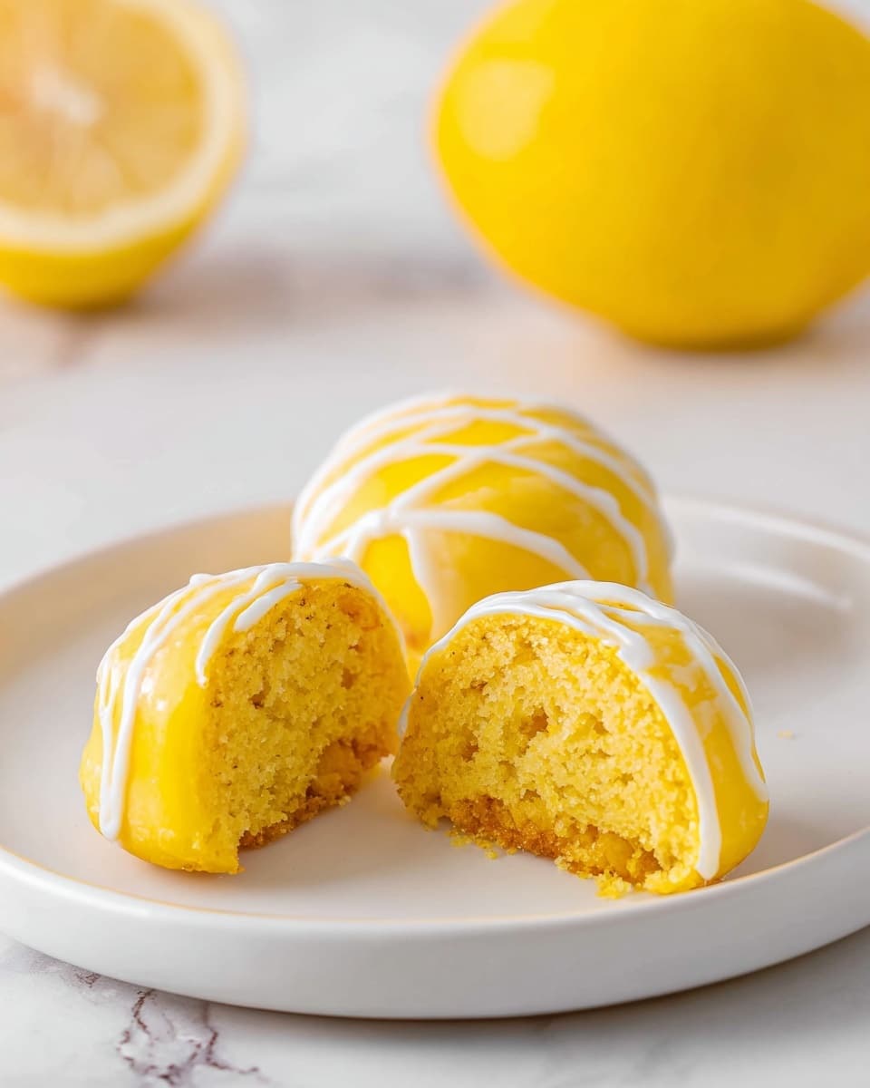 The image shows three small round desserts on a white plate with a white marbled background. Two of them are cut in half, revealing a dense, moist, yellow cake-like inside with a smooth, bright yellow outer coating. The third round dessert is whole and is coated in a glossy yellow layer with white lines drizzled on top in a swirl pattern. A large yellow lemon is blurred in the background, adding a fresh, citrusy feel to the picture. photo taken with an iphone --ar 4:5 --v 7