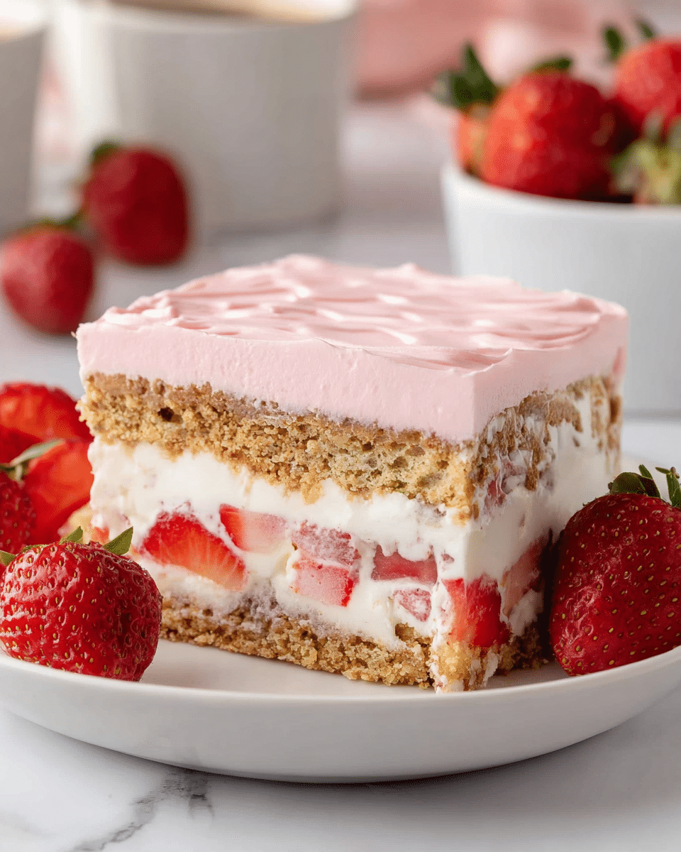 A slice of layered dessert sits on a white plate against a white marbled surface. The dessert has four clear layers: the top layer is a smooth, creamy pink frosting with slight swirls, below it is a light brown cake layer with a crumbly texture, followed by a thick white creamy layer mixed with pieces of red strawberries, then another similar brown cake layer, and finally a bottom layer of white cream with chunks of strawberries embedded inside. Fresh whole strawberries surround the plate, and in the blurred background, a bowl of strawberries and a white cup can be seen. photo taken with an iphone --ar 4:5 --v 7