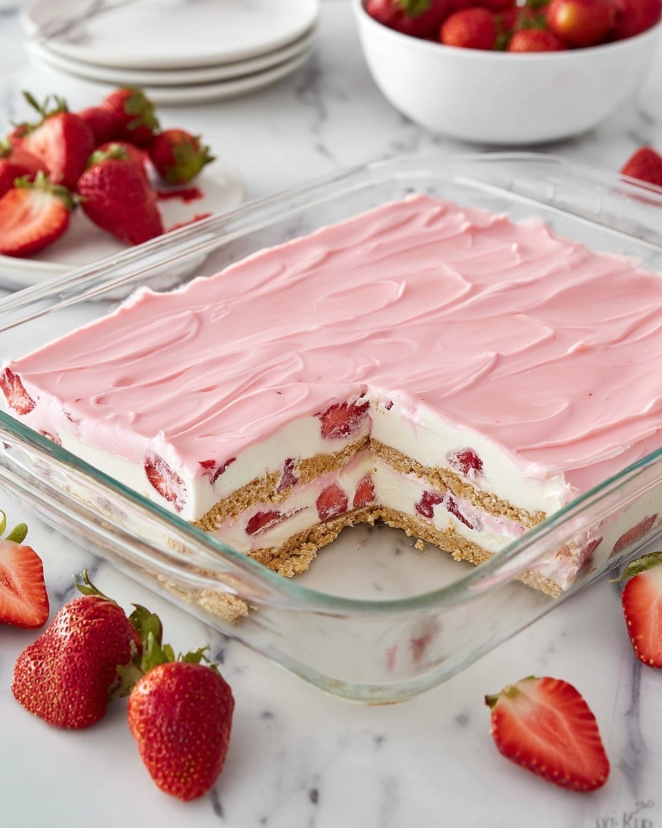 The dessert shows three visible layers in a clear glass square dish on a white marbled surface. The bottom layer is a light brown, crumbly texture, likely a cookie or biscuit base. The middle layer is thick and creamy white with pieces of red strawberries embedded throughout. On top, there is a smooth, evenly spread pink layer with gentle swirls for texture. Around the dish, there are whole and halved fresh strawberries, with a white bowl of strawberries in the background. photo taken with an iphone --ar 4:5 --v 7
