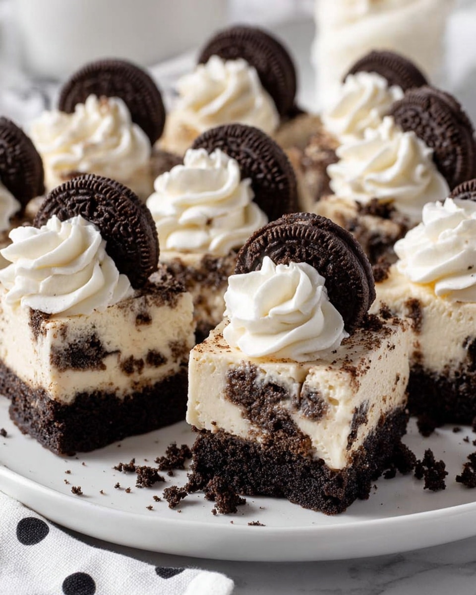 The image shows several small square cheesecake bites arranged closely on a white plate. Each piece has three layers: a dark, crumbly chocolate cookie crust at the bottom, a creamy white cheesecake layer with visible chunks of crushed chocolate cookies mixed inside, and a top swirl of white whipped cream. On top of each swirl, a mini whole chocolate sandwich cookie stands upright, adding a dark contrast. The plate sits on a white marbled surface, with some crumbs scattered around and a white cloth with black dots partially visible in the lower corner. Photo taken with an iphone --ar 4:5 --v 7