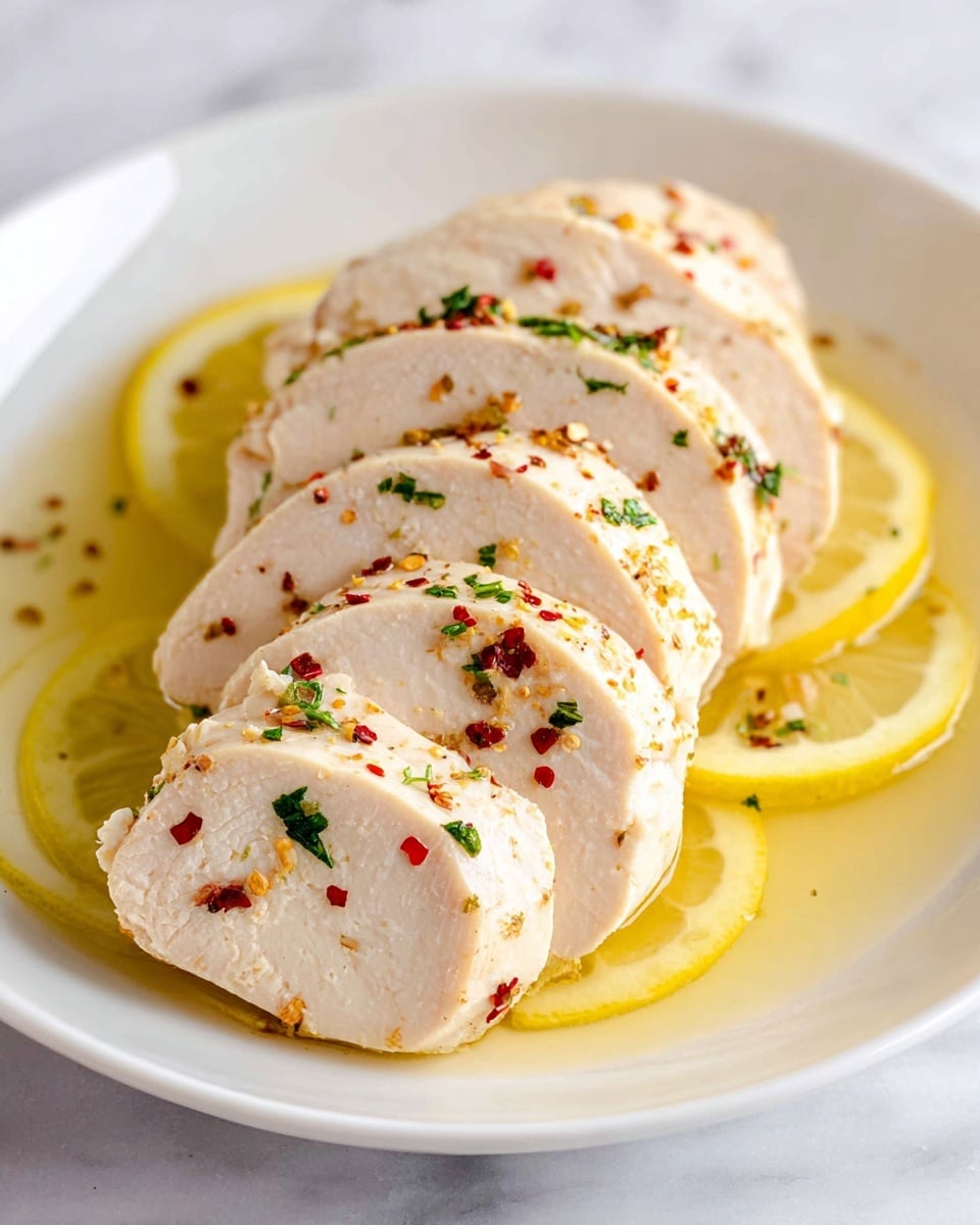 The image shows five thick slices of cooked white chicken breast arranged in a slightly overlapping line on a white plate. The chicken has a moist texture with a light seasoning of red pepper flakes and small green herb pieces sprinkled on top. Underneath the chicken slices, thin, bright yellow lemon slices are placed flat on the plate. A light yellowish broth or sauce pools around the chicken, adding a slight shine. The plate is set on a white marbled surface. photo taken with an iphone --ar 4:5 --v 7