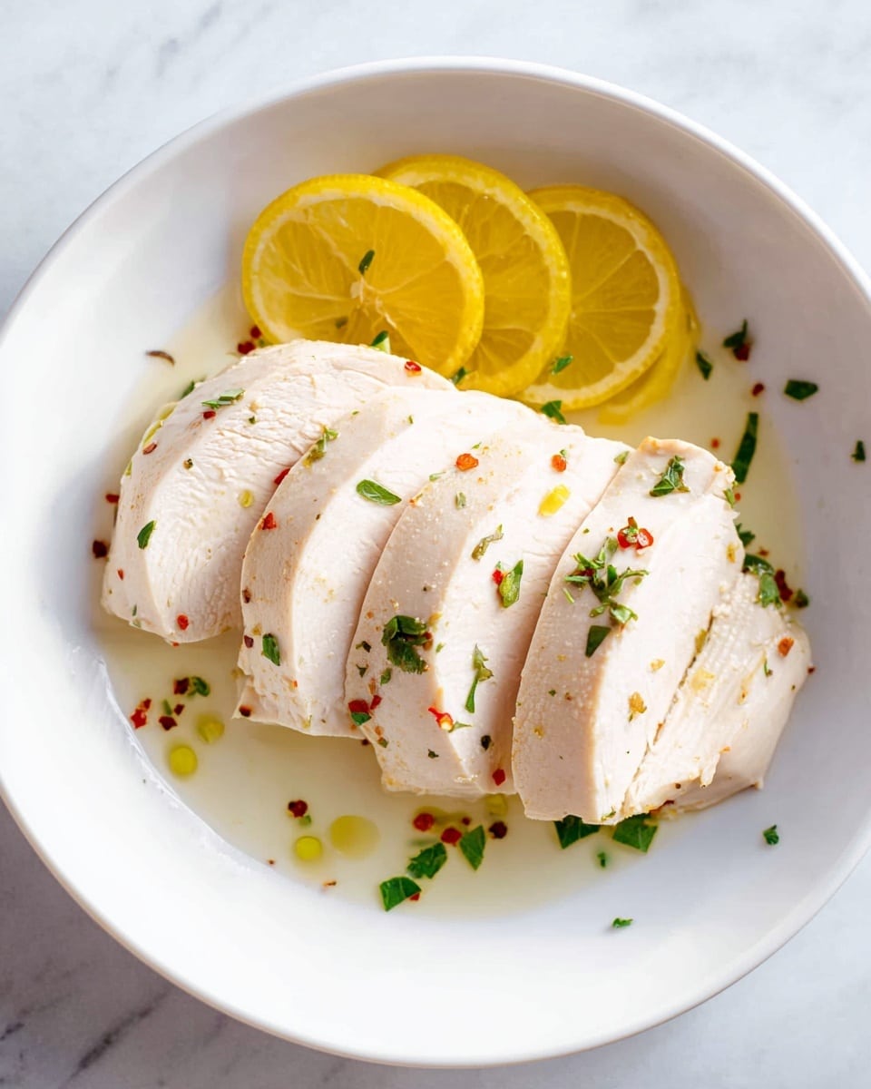 A white bowl contains five thick slices of cooked chicken breast, laid in a diagonal line from the bottom right to the center of the bowl. The chicken is pale with a smooth texture, lightly seasoned with small green herb pieces and red pepper flakes sprinkled on top. To the left and behind the chicken slices, bright yellow lemon slices are placed in a small fan shape, adding a pop of color. Small drops of olive oil and tiny green herbs are scattered around the chicken on the white liquid base, creating a fresh and simple presentation. The bowl is set on a white marbled surface. photo taken with an iphone --ar 4:5 --v 7