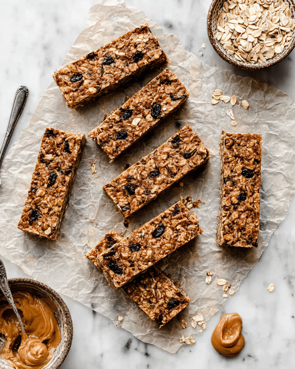 Six rectangular granola bars with a rough texture and visible oats and dark dried fruit pieces are arranged on a sheet of crinkled parchment paper over a white marbled surface. Above the bars, there is a small bowl filled with loose oats, and some oats are scattered around it. To the left, part of a silver knife with a bit of peanut butter spread near the blade is visible, and a small dollop of peanut butter rests nearby on the white marbled surface. Photo taken with an iphone --ar 4:5 --v 7