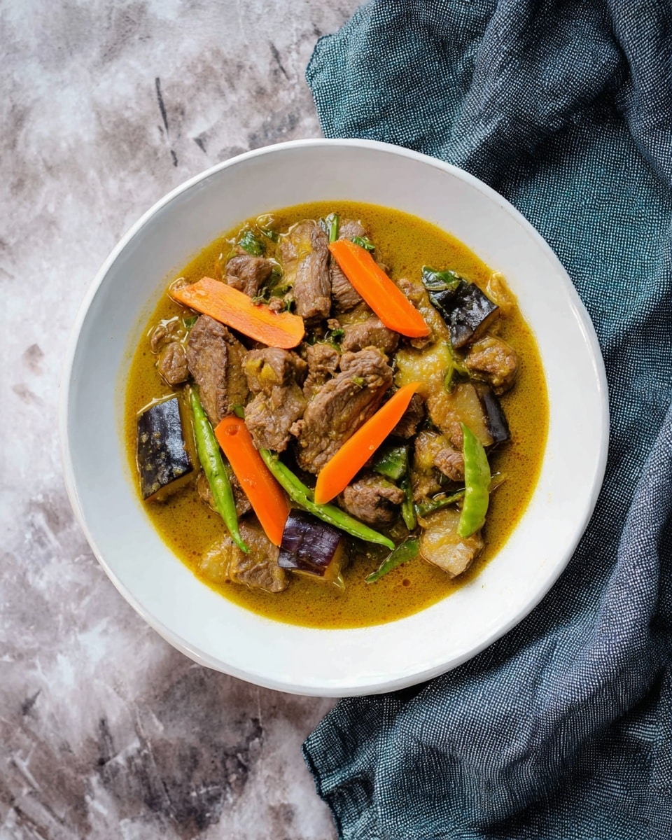 A white round plate holds a stew with three main layers: the top layer shows medium-sized pieces of cooked beef and thick diagonal slices of bright orange carrots, the middle layer has vibrant green chili peppers and dark purple eggplant pieces that look soft, and the bottom layer is a golden yellow-brown broth that looks rich and flavorful. The dish is placed on a white marbled surface with a folded blue-gray cloth to the right side. Photo taken with an iphone --ar 4:5 --v 7