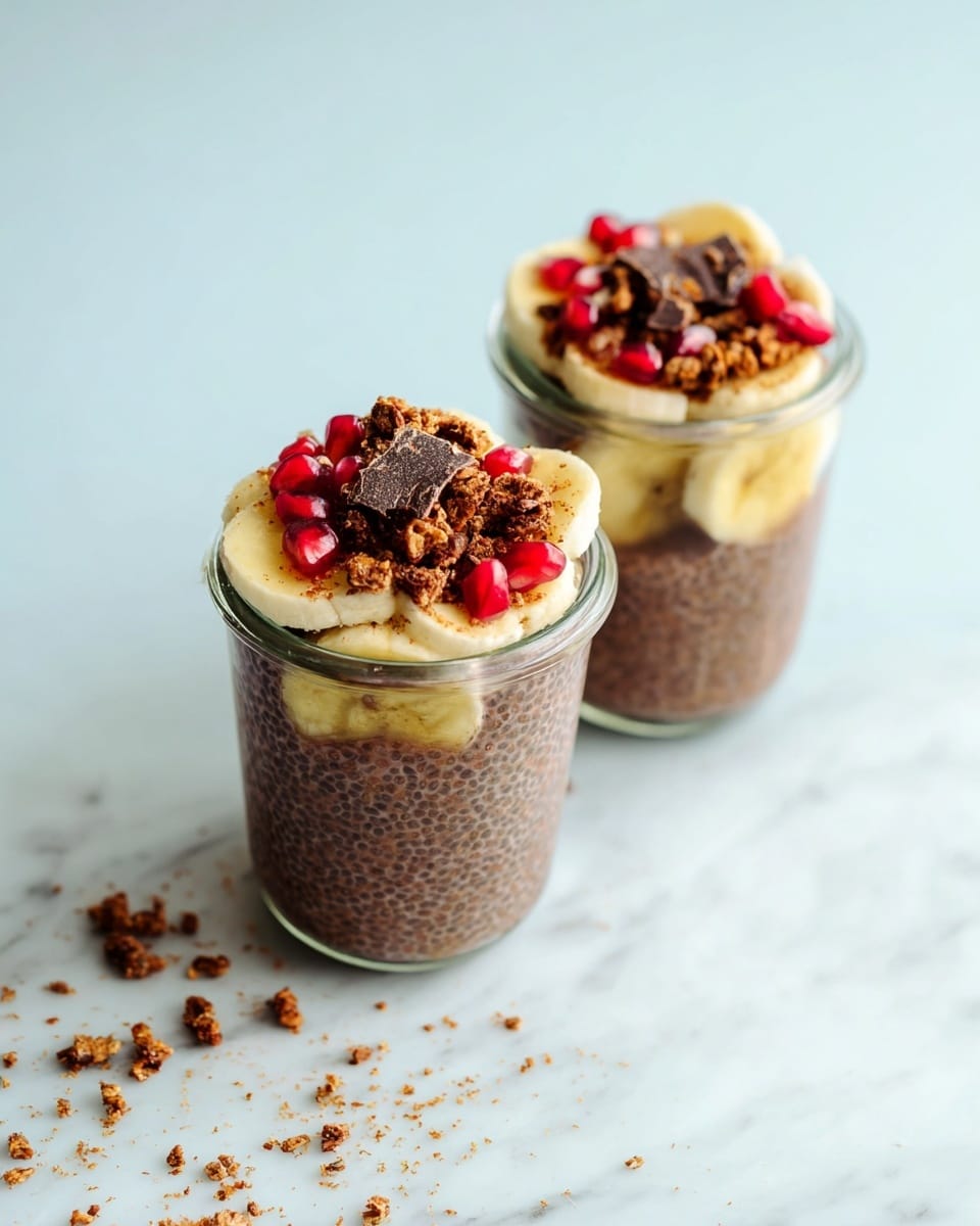 Two small clear glass jars filled with layers of dark brown chia pudding with tiny black seeds. Inside the pudding, there are visible bits of red pomegranate seeds. Each jar is topped with a layer of sliced light yellow bananas, sprinkled with crunchy brown granola and chocolate shavings, and some bright red pomegranate seeds. The jars are placed on a white marbled surface scattered with some granola crumbs. The background is light blue. photo taken with an iphone --ar 4:5 --v 7