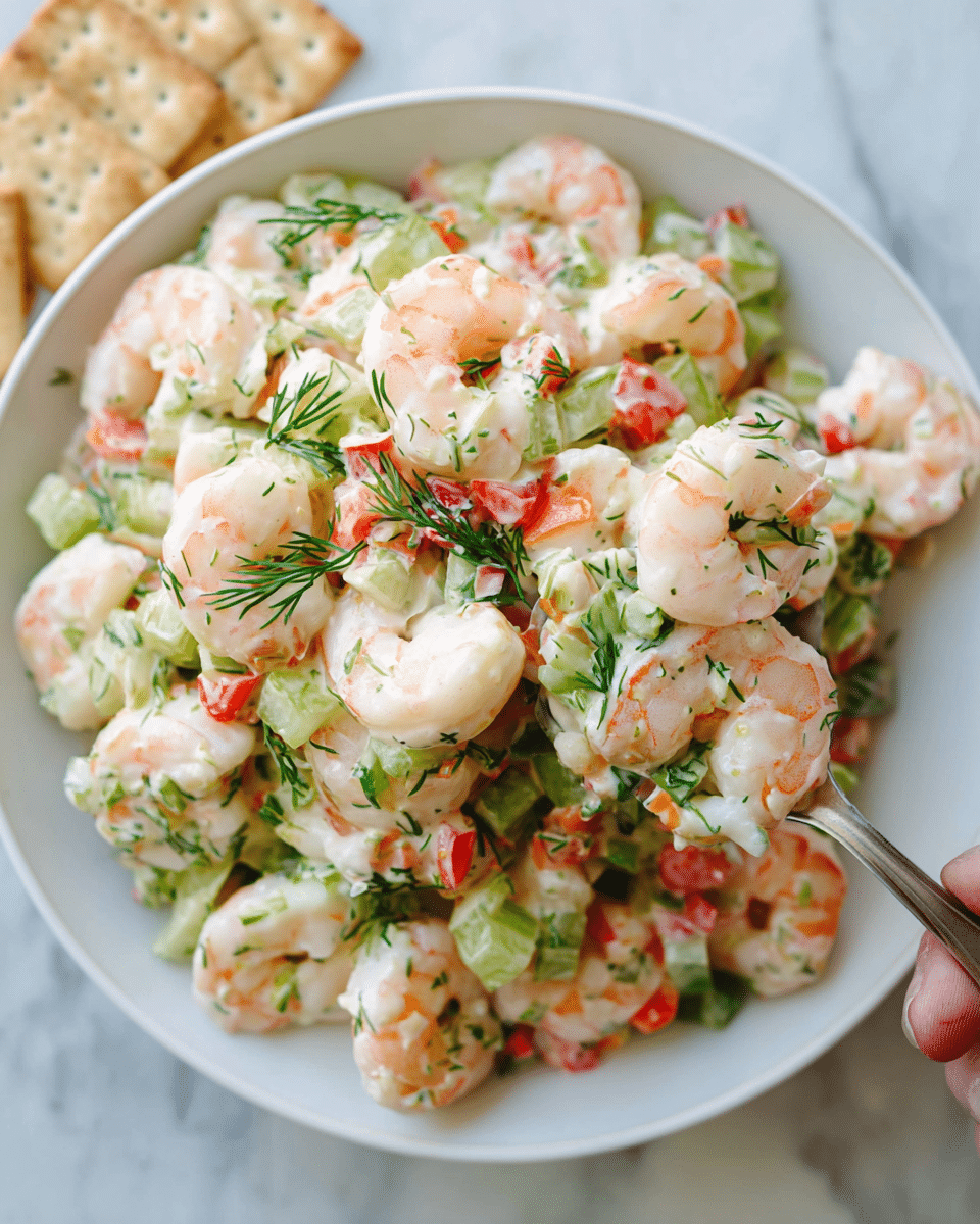 A close-up view of a white bowl filled with a shrimp salad. The dish consists of several pale pink and white cooked shrimp, mixed with chopped green celery, red bell pepper, and fresh green dill. The ingredients are evenly spread throughout, creating a fresh and colorful texture. A silver spoon scoops some of the salad from the bowl, held by a woman's hand. The bowl sits on a white marbled surface with some crackers visible at the edge. Photo taken with an iphone --ar 4:5 --v 7