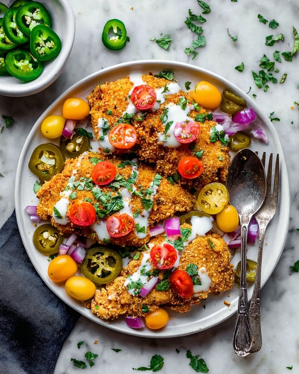 The image shows a white plate with three pieces of golden, crunchy fried chicken placed on top of a mix of sliced green jalapeños, halved yellow and red cherry tomatoes, and small diced purple onions. Each chicken piece is topped with white sauce drizzled unevenly and sprinkled with finely chopped fresh green herbs and small red diced tomatoes, adding bright color contrasts. A silver fork and spoon rest on the right side of the plate. Around the plate, some scattered parsley leaves lay on a white marbled surface, with a small white bowl of sliced jalapeños partly visible at the top. Photo taken with an iphone --ar 4:5 --v 7