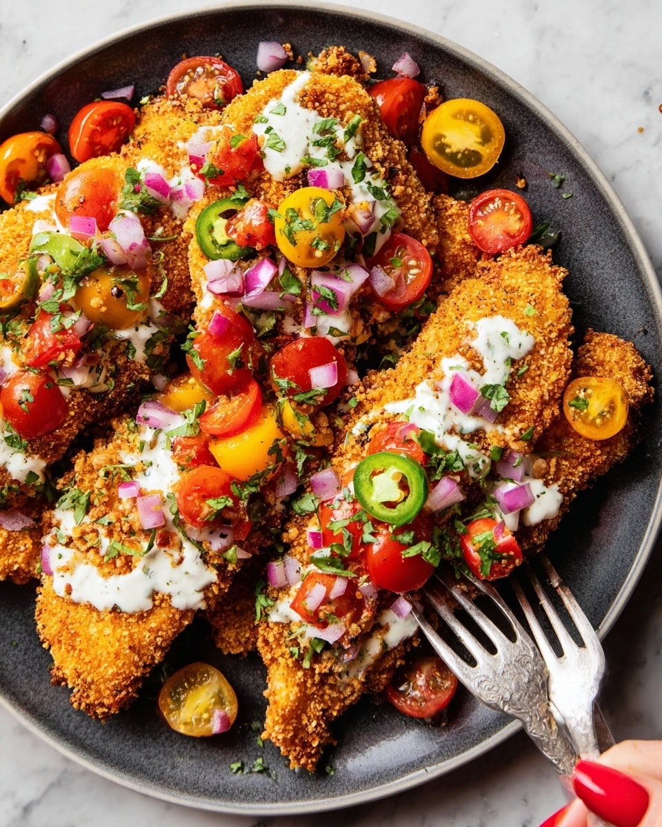 A dark gray round plate holds four pieces of golden, crispy breaded chicken tenders arranged in a slightly overlapping pattern. Each piece is topped with a drizzle of creamy white sauce, scattered chopped red onions, diced red tomatoes, and green jalapeño slices. Around the chicken, there are halved red and yellow cherry tomatoes with fresh green herbs sprinkled over everything. Two silver forks are placed on the right side of the plate, held by a woman's hand with bright red nail polish on the left side of the frame. The plate sits on a white marbled surface. photo taken with an iphone --ar 4:5 --v 7