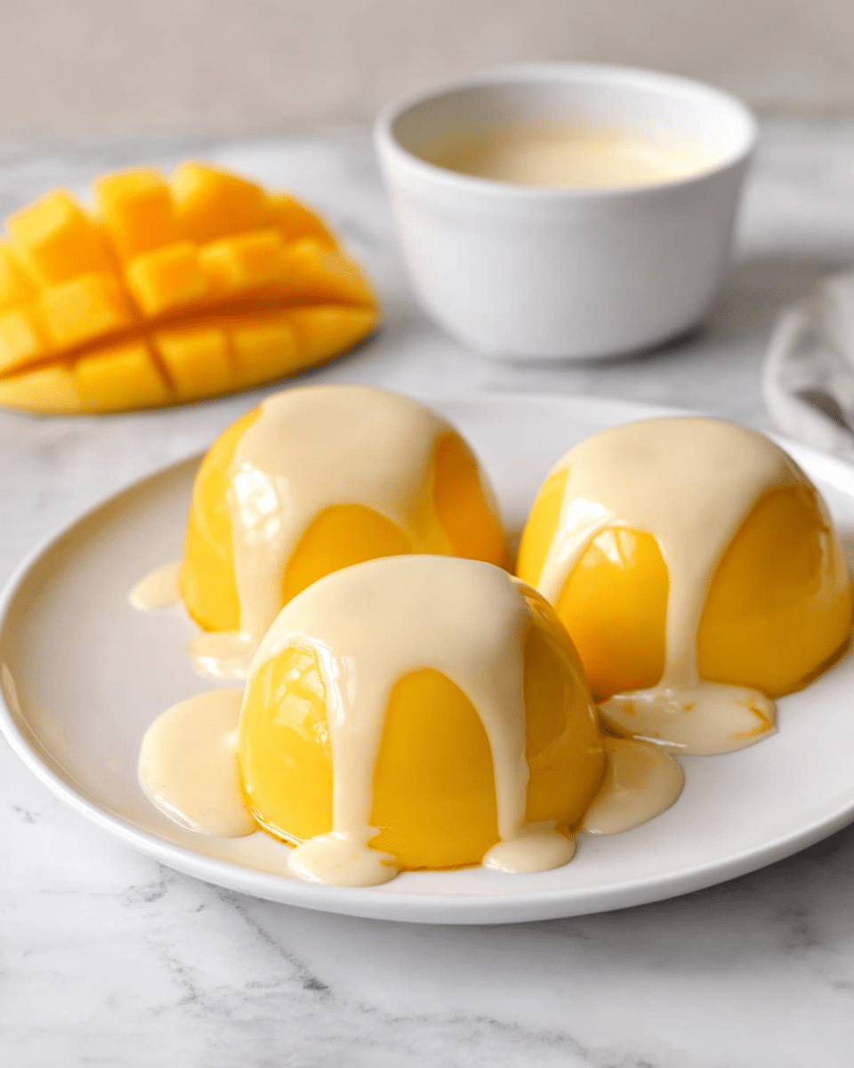 The image shows three dome-shaped mango puddings on a white plate, each pudding smooth and shiny with a bright yellow color. Each dome is topped with a light cream sauce that drips slightly down their sides onto the plate, creating a small white pool around the bases. In the background, there is a white bowl with more cream sauce and a sliced mango placed on a white marbled surface. The overall look is clean and simple, focusing on the contrast between the yellow puddings and the white cream. Photo taken with an iphone --ar 4:5 --v 7