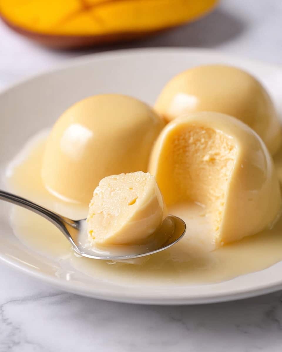 The image shows three small, dome-shaped mango puddings on a white plate with a smooth, pale yellow color and a shiny, glossy surface. One pudding is cut open, revealing a soft, creamy inside with a slightly granular texture. A silver spoon holds a rounded scoop of the pudding in the foreground. The plate rests on a white marbled surface, with a blurred mango visible in the background. The overall look is smooth, creamy, and inviting, with the puddings sitting in a shallow pool of light-colored syrup or sauce. Photo taken with an iphone --ar 4:5 --v 7