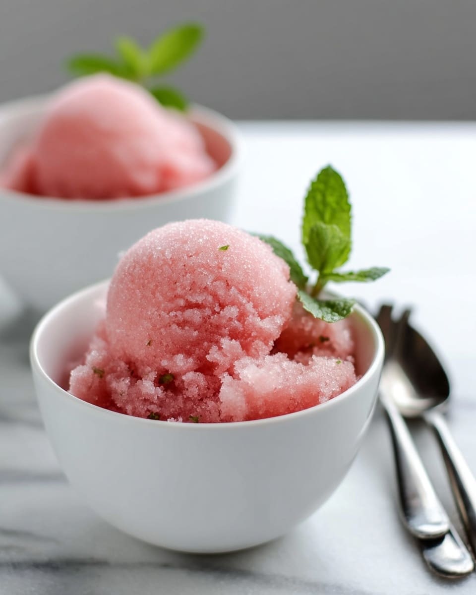 The image shows two white bowls each filled with pink sorbet. The sorbet in the front bowl is made of rough textured crushed ice in mostly pink shades with tiny bits of green specks. On top of the sorbet, there is a round, smooth scoop of the same pink sorbet, and a small green mint leaf is placed on the side for decoration. Both bowls sit on a white marbled surface, and two small silver spoons lie horizontally in the background, slightly out of focus. Photo taken with an iphone --ar 4:5 --v 7