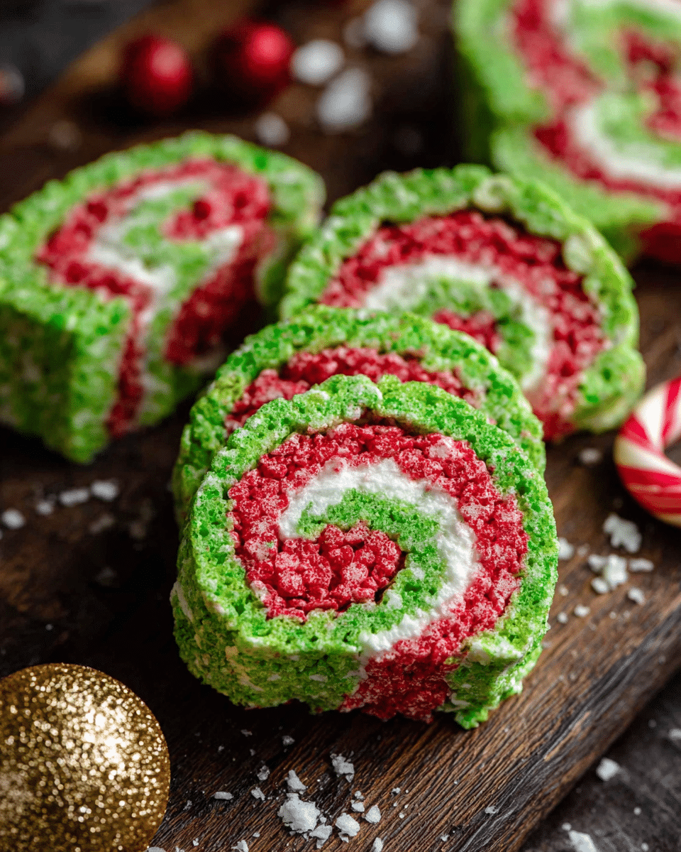 The image shows several round treats stacked on a white plate with a gold rim, each treat made in a spiral pattern with three visible layers: a bright red center, a thin white middle, and a bright green outer layer with a rough textured surface. The colors are vivid, with the red and green layers looking crunchy while the white layer appears smooth and creamy. There are small broken white pieces scattered around the plate on a white marbled surface. Golden decorative elements are placed near the plate. Photo taken with an iphone --ar 4:5 --v 7
