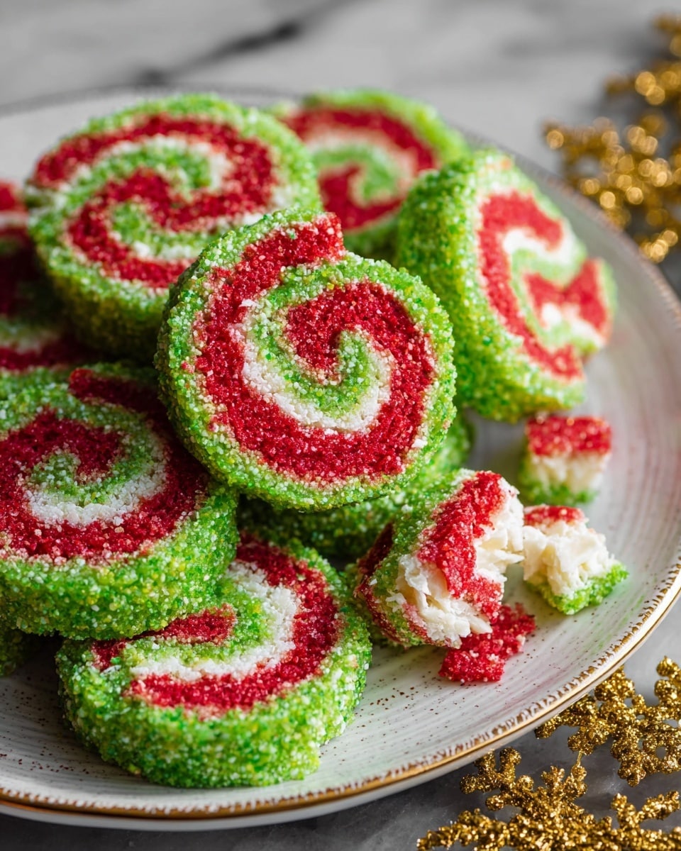 The image shows colorful rolled treats with three visible layers. The outer layer is bright green and textured with small, round cereal pieces. Inside this layer is a thick bright red cereal layer, tightly packed and also textured, followed by a thin white cream layer that swirls inside the roll. These rolls are cut into thick slices, showing the spiral of green, white, and red from the outside to the center. The treats sit on a dark wooden surface with small white crumbs scattered around and a candy cane placed nearby. A shiny golden decoration is present on one side, adding a festive feel. photo taken with an iphone --ar 4:5 --v 7