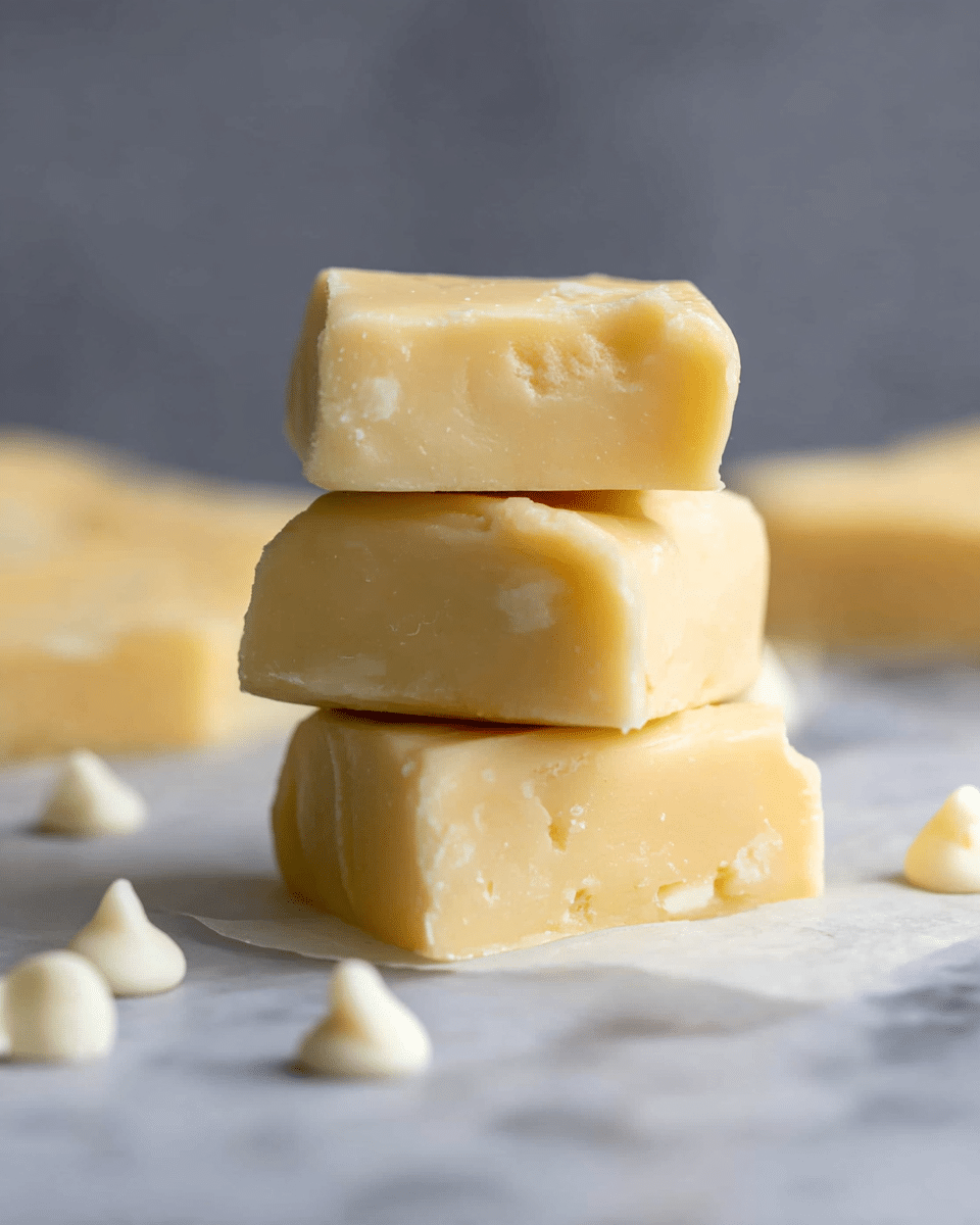 Three pieces of creamy, pale yellow fudge are stacked on top of each other in the center of a white marbled surface. The fudge blocks are smooth with soft edges and small details showing their soft texture. Around the stack, there are small white chips scattered, adding contrast and interest to the scene. The background is blurred and gray, making the focused fudge pieces stand out clearly. photo taken with an iphone --ar 4:5 --v 7