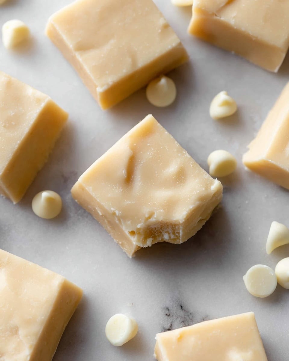 Several square pieces of light creamy fudge with a smooth, slightly shiny surface are arranged scattered on a white marbled texture. Each fudge piece shows soft edges, and one piece in the front has a small bite taken out of it, revealing the dense and smooth inside. Around the fudge pieces, there are small, round, white chocolate chips adding texture and contrast to the pale fudge. The image is close up, focusing on the texture and color differences between the fudge and the chips. photo taken with an iphone --ar 4:5 --v 7
