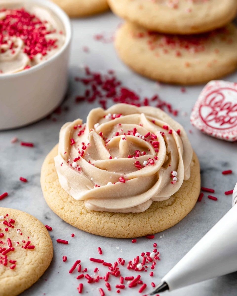 A white bowl filled with light brown creamy frosting, swirled in soft, smooth waves forming a rose shape with several layers. The frosting is topped with small, long red sprinkles evenly scattered over the surface. The bowl sits on a dark background with red sprinkles spilled around it, and there are two pale round cookies in the background along with a red and white label partially visible. Photo taken with an iphone --ar 4:5 --v 7