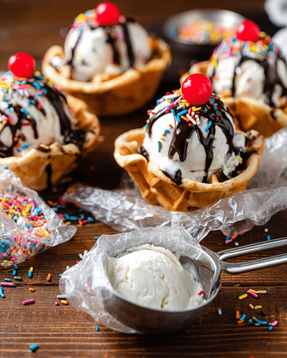 The image shows three waffle bowls filled with three white scoops of ice cream each, drizzled with dark chocolate syrup and topped with colorful sprinkles and a bright red cherry on each. In the foreground, there is a metal ice cream scooper filled with white ice cream resting inside a clear plastic bag filled with more ice cream. The scene is set on a wooden surface with scattered multicolored sprinkles around. photo taken with an iphone --ar 4:5 --v 7