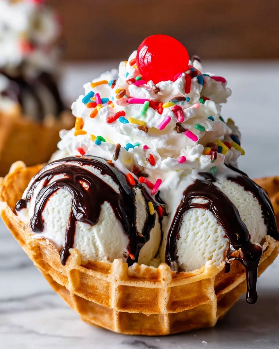 A close-up view of a waffle bowl filled with three large, smooth white scoops of vanilla ice cream, each scoop drizzled with dark chocolate syrup flowing down the sides. On top of the ice cream is a generous swirl of fluffy, white whipped cream decorated with multicolored round and elongated sprinkles, and crowned with a bright red shiny maraschino cherry. The waffle bowl has a golden-brown color with a crisp, grid texture. The background and surface are a white marbled texture. Photo taken with an iphone --ar 4:5 --v 7