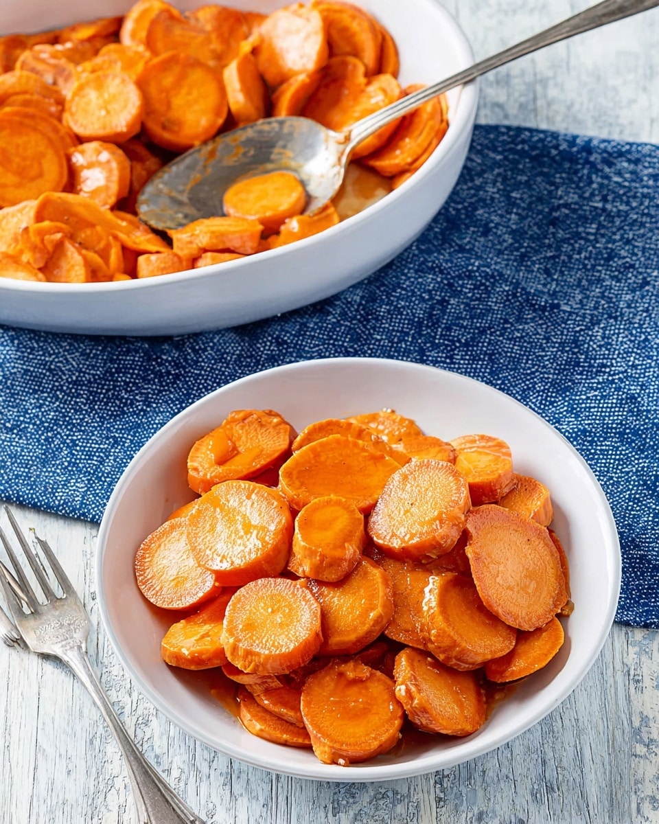 A white bowl is filled with soft-cooked sweet potato slices, arranged in one visible layer. The slices are round, thick, and have a rich orange color with a slightly shiny glaze, showing a tender texture. Next to the bowl is a larger white dish containing more of the same sweet potato slices with a large silver spoon resting inside. The background shows a blue cloth with a subtle woven pattern on a white marbled surface that looks like a wooden table. A silver fork is placed beside the small bowl near the bottom left corner of the image. photo taken with an iphone --ar 4:5 --v 7