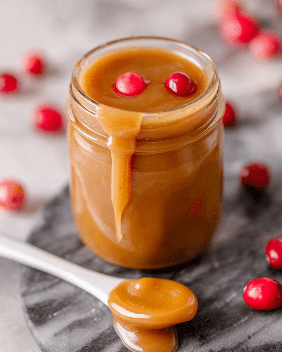 A close-up view of a glass jar filled with smooth, thick, golden-brown sauce with a glossy texture, showing three small red round berries floating on the surface. The jar has a small drip of sauce running down the side, adding a natural look. Below it, there is a white spoon lying on a white marbled surface, holding some of the same sauce with a shiny, creamy appearance. Scattered around the jar are several bright red berries, contrasting with the neutral background. photo taken with an iphone --ar 4:5 --v 7