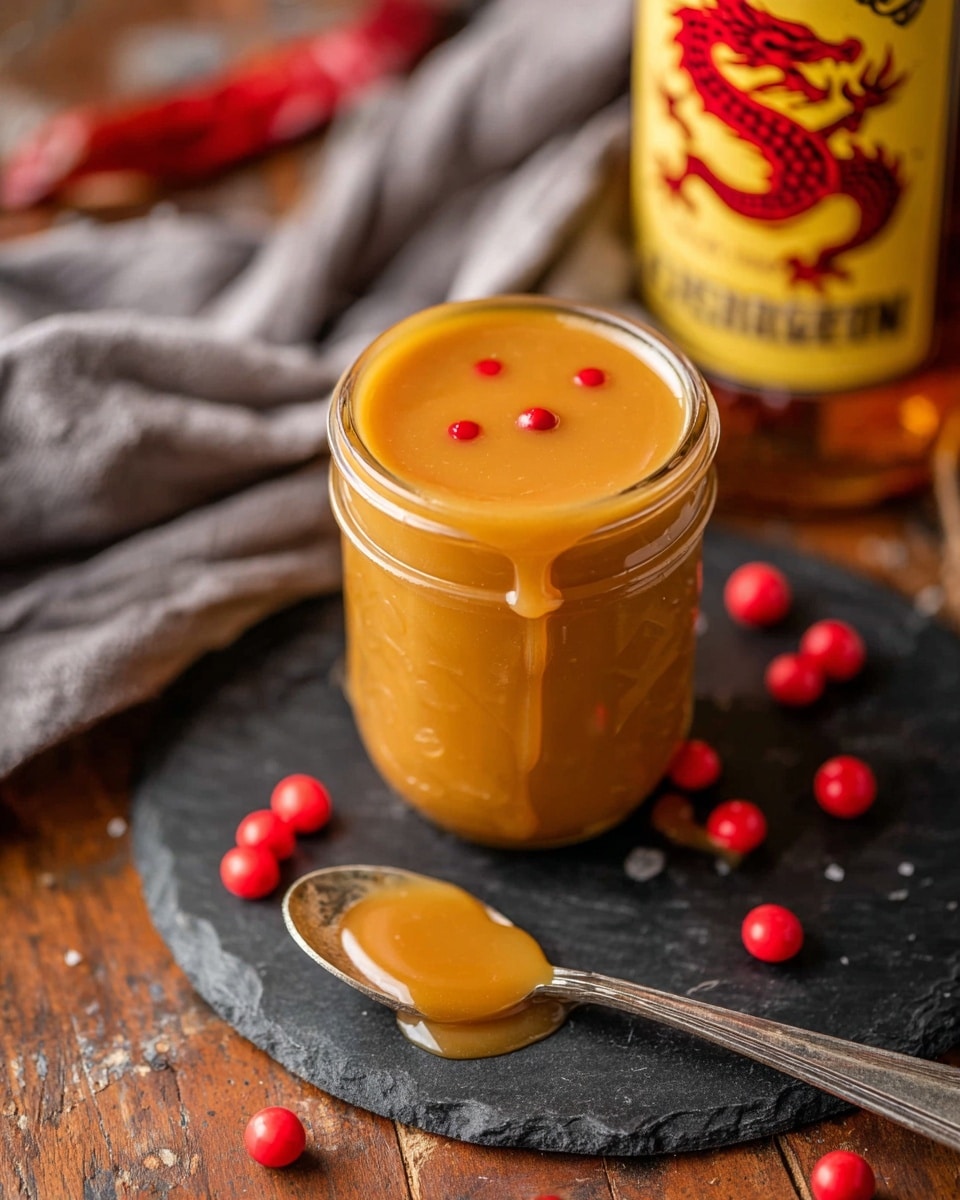 A close-up view of a glass jar filled with thick, smooth golden caramel sauce with a few small red dots on the surface and a little dripping down the side. The jar is placed on a round black slate board, with a silver spoon resting in front of it, covered partially with the same caramel sauce. Scattered small red candy-like spheres are spread around the jar and spoon on a rustic wooden table. In the blurred background, there is a yellow and red bottle with a dragon logo, and a wrinkled gray cloth is draped on the left side. The overall setting is warm and inviting with rich textures. photo taken with an iphone --ar 4:5 --v 7