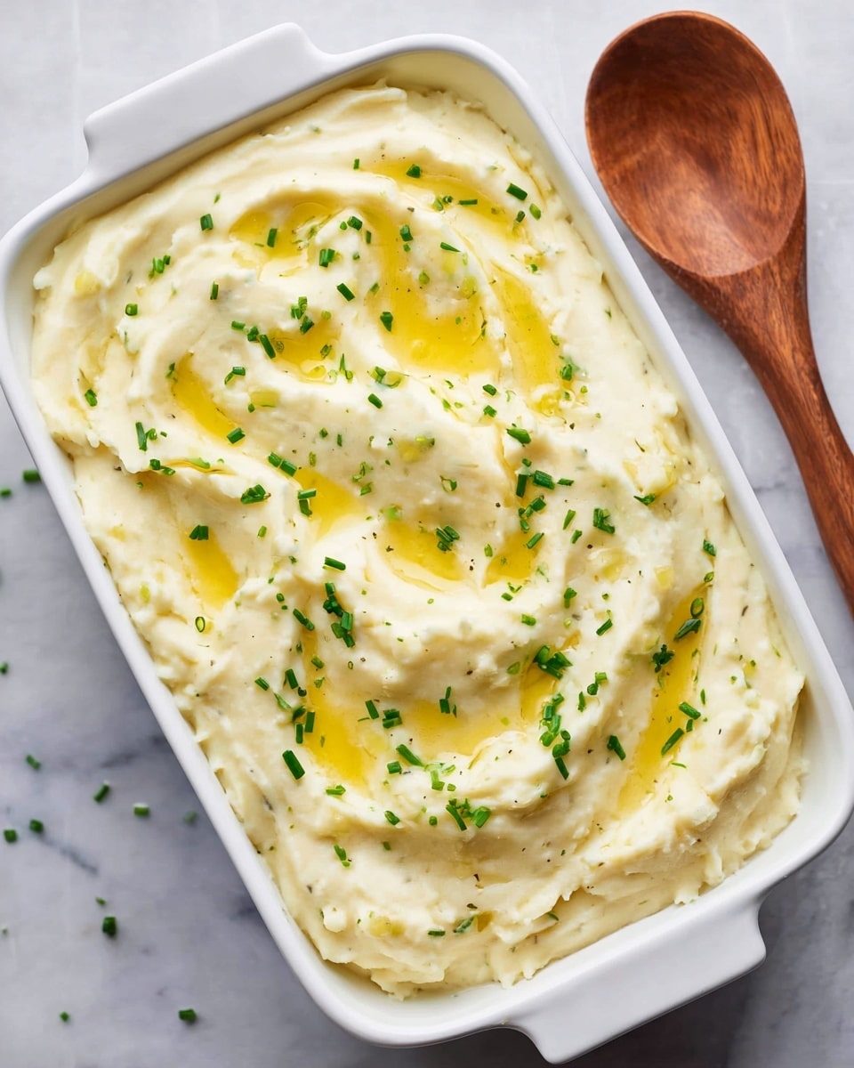 A mound of creamy mashed potatoes sits in the center of a white plate, showing a soft, smooth texture with small lumps for a natural look. The pale yellow mash is sprinkled with small pieces of bright green chives evenly across the top, adding a pop of color. A gold spoon rests on the right side of the plate, slightly pressed into the mash, creating a subtle curve in the potatoes. In the top left corner, another white bowl filled with the same mashed potatoes is partially visible, and some whole green chives lie on the white marbled surface around the plate. photo taken with an iphone --ar 4:5 --v 7